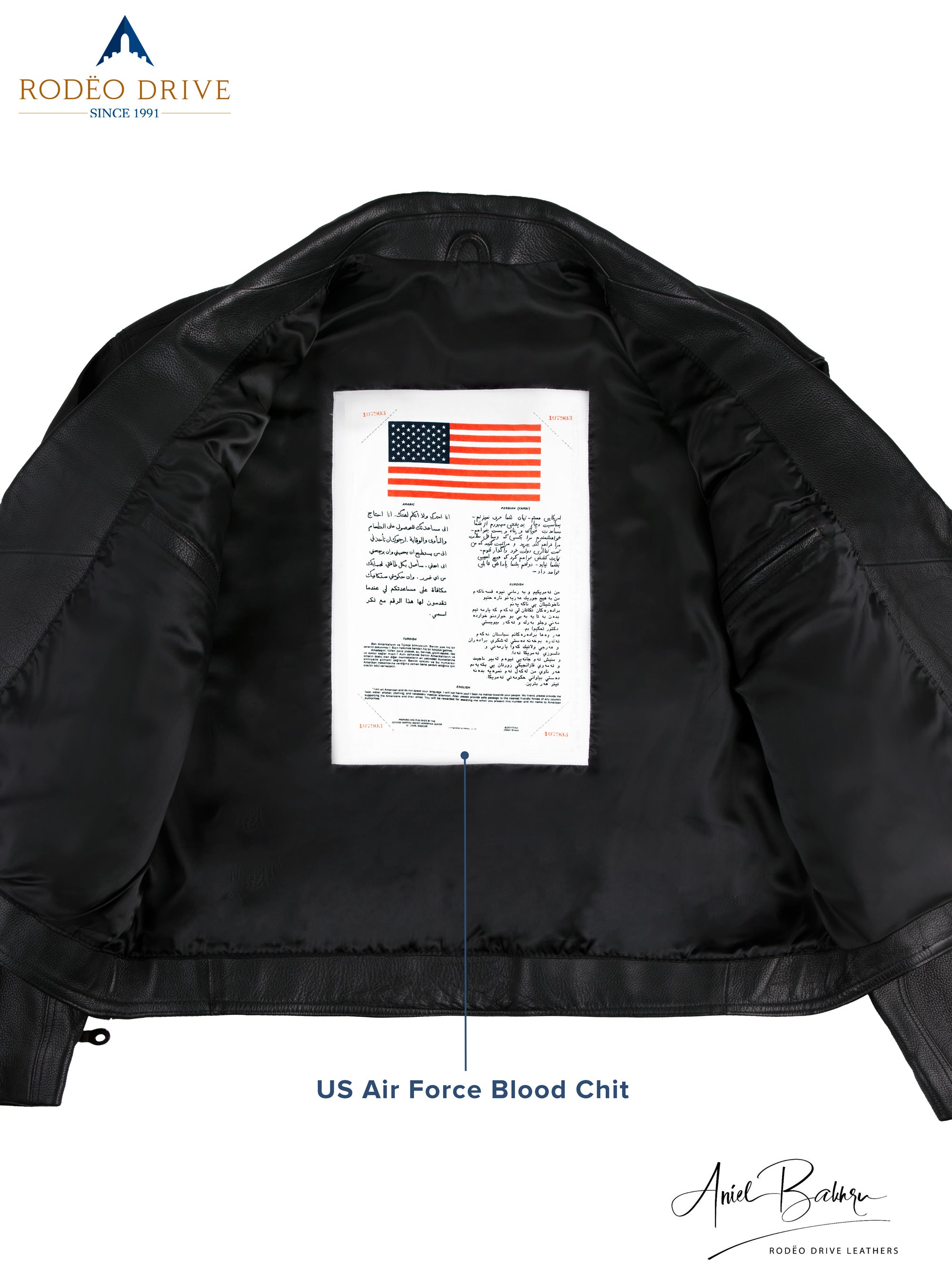 Inside image of open HARLEY JACKET. US air force Blood chit is sewed inside