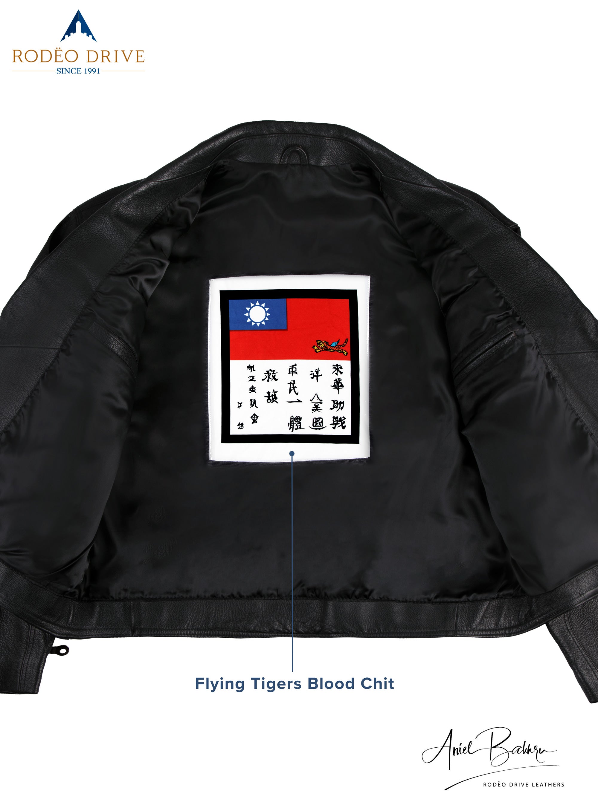 Inside image of open HARLEY JACKET. Flying Tigers blood chit is sewed inside the jacket.