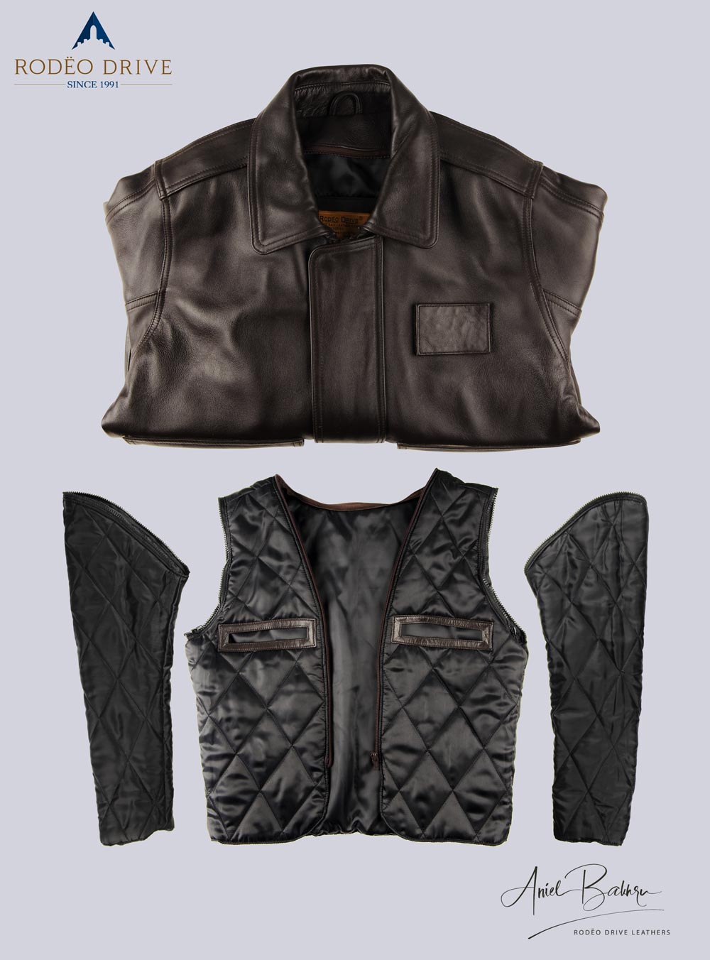 different parts of BROWN LEATHER JACKET for WOMEN is depicted.