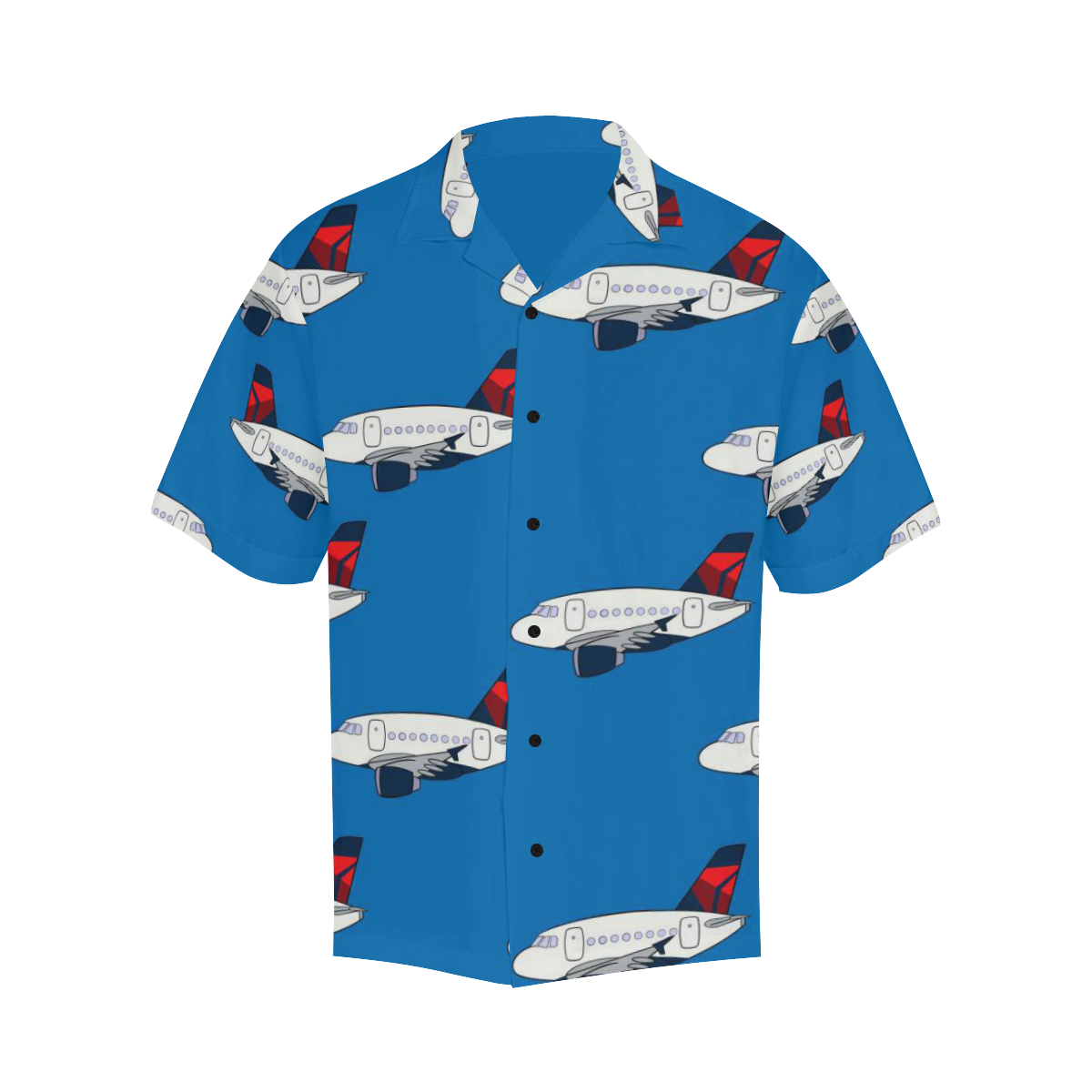 This is an image of a blue colour Hawaiian shirt. It has multiple prints of a flying aeroplane on it