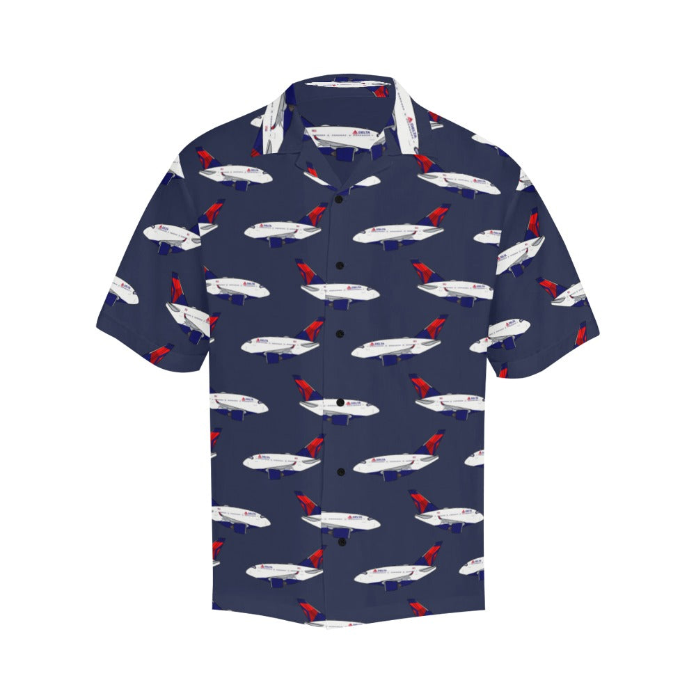 Front view of Navy blue Hawaiin shirt