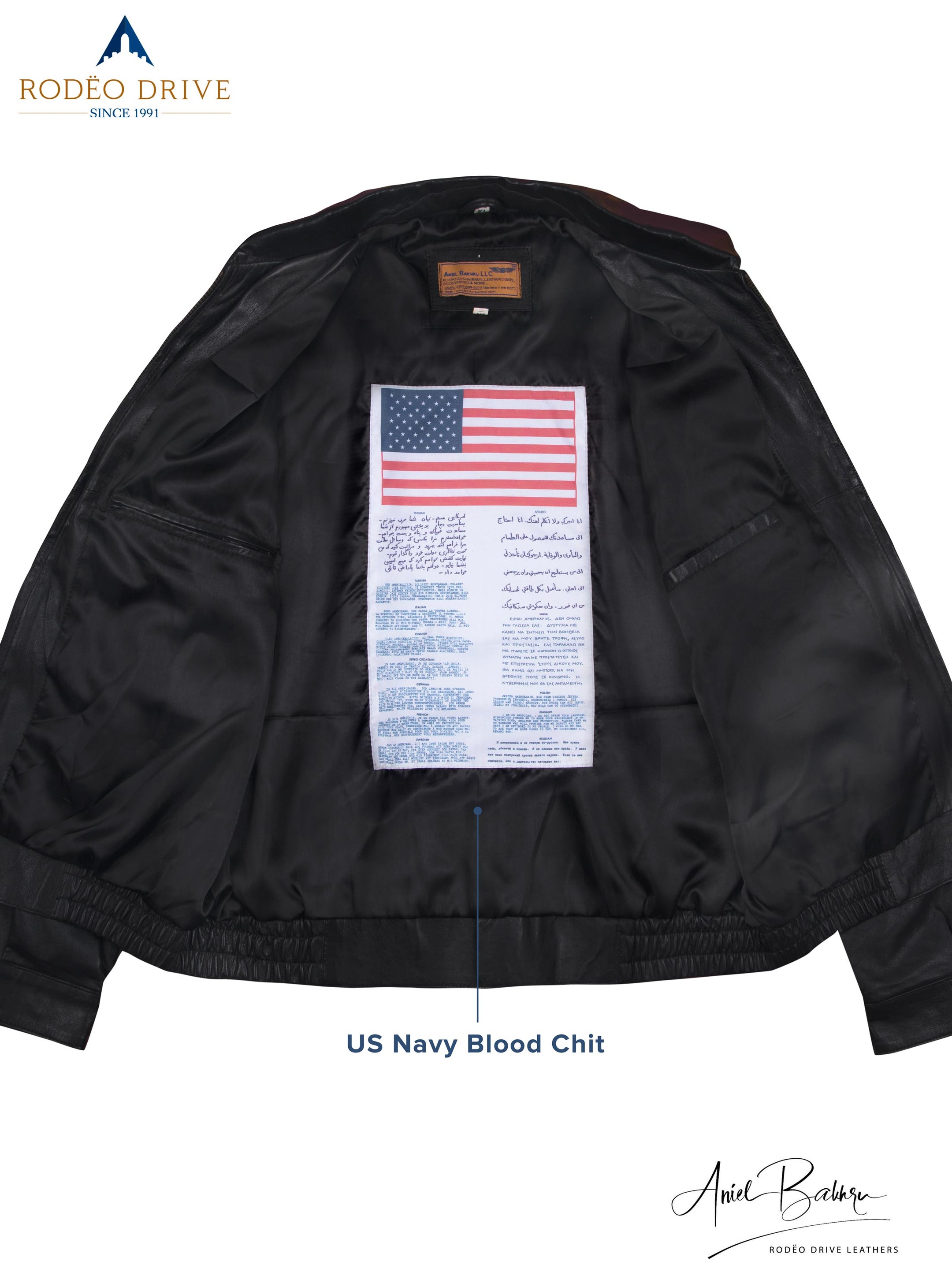 inside image of Bomber jacket. US navy Blood chit is sewed inside.