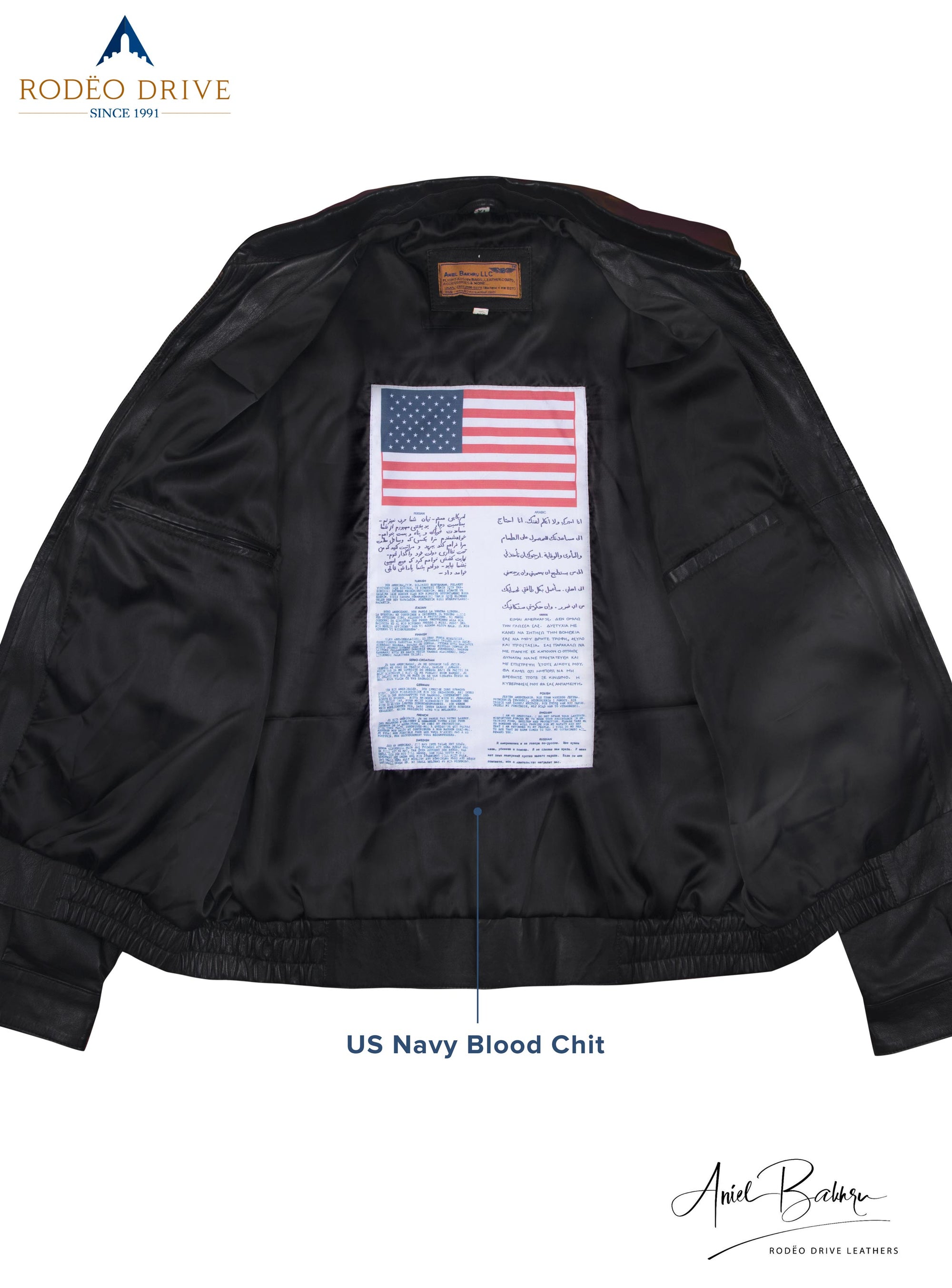 inside image of Bomber jacket. US navy Blood chit is sewed inside.