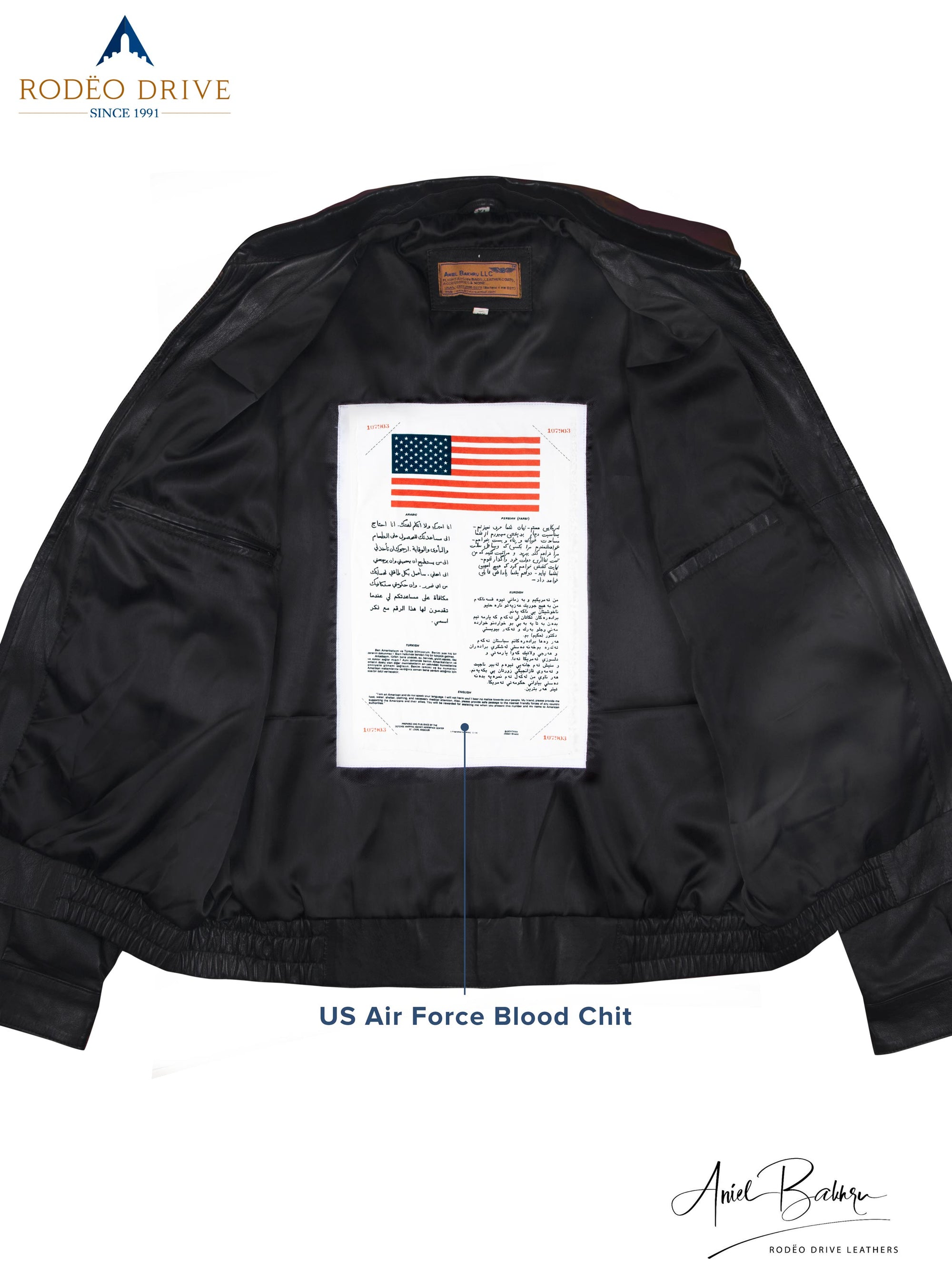 inside image of Bomber jacket. US Air Force Blood Chit sewed inside it. is sewed inside.