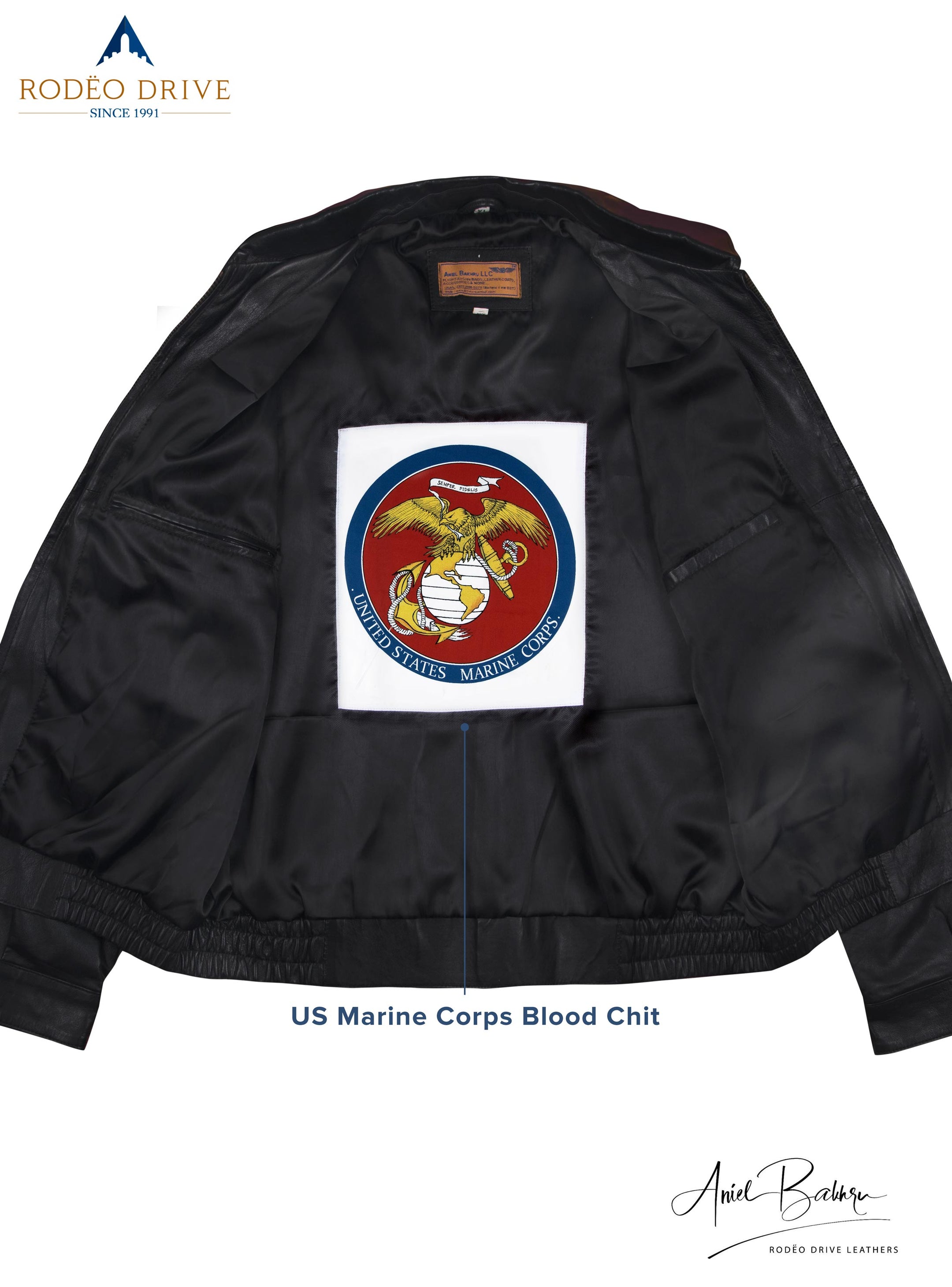 inside image of Bomber jacket. US marine corps Blood chit is sewed inside.