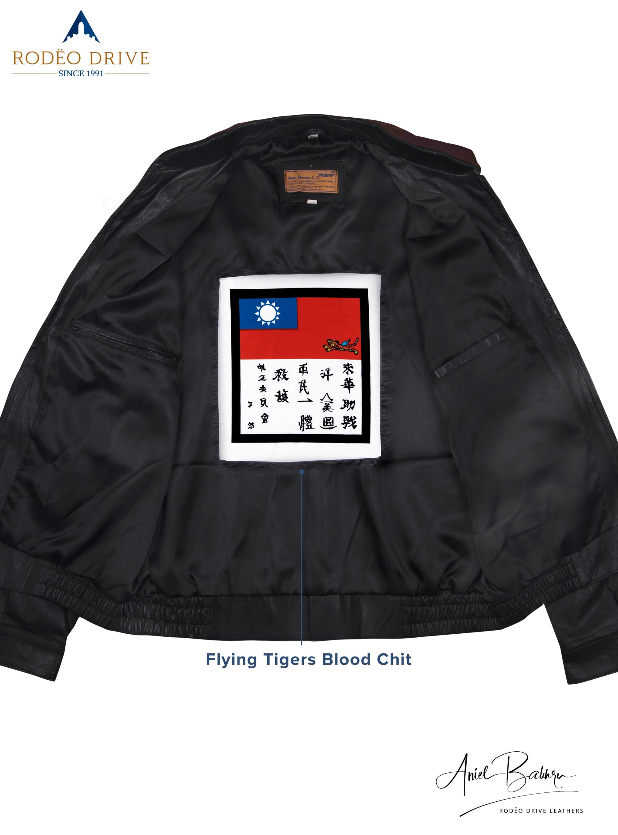 inside image of Bomber jacket. Flying tigers Blood chit is sewed inside.
