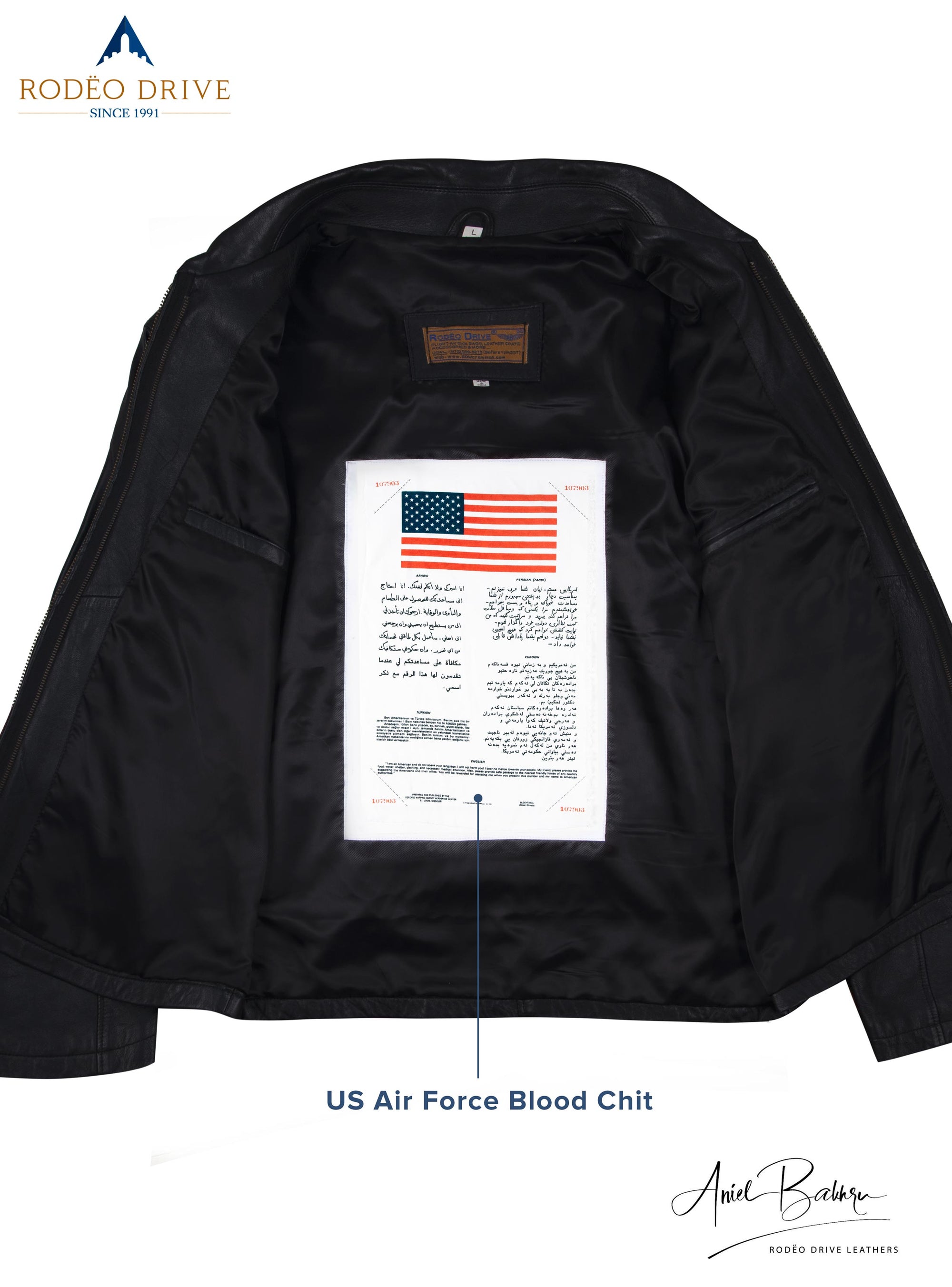 inside image of black leather jacket. A US Air Force Blood chit is sewed inside it