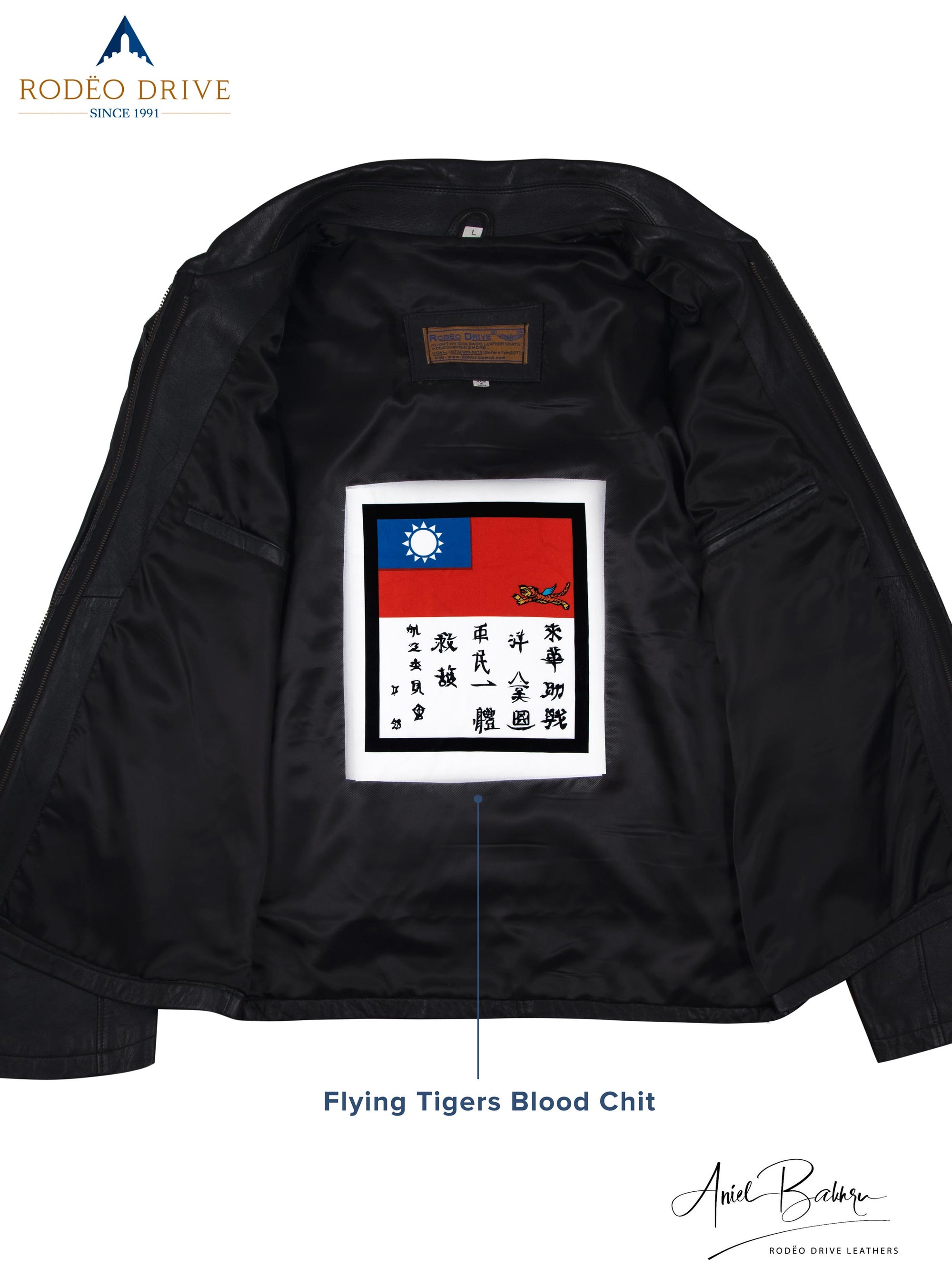 inside image of black leather jacket. A flying Tigers Blood chit is sewed inside it