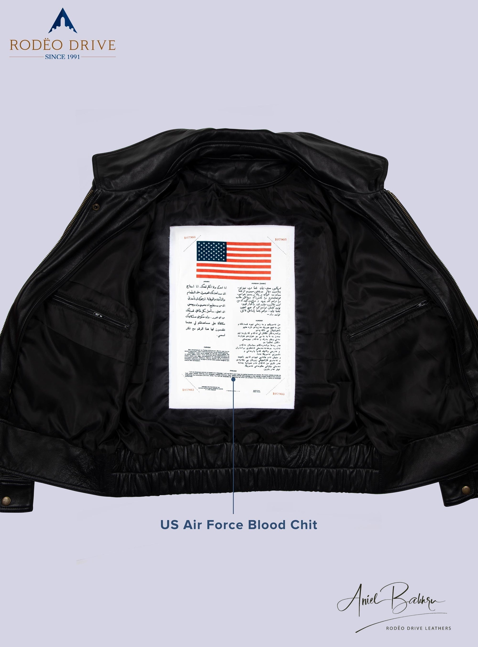 Inside image of CUSTOM UNIFORM LEATHER JACKETS MEN. USA air force Blood Chit  is sewed inside.
