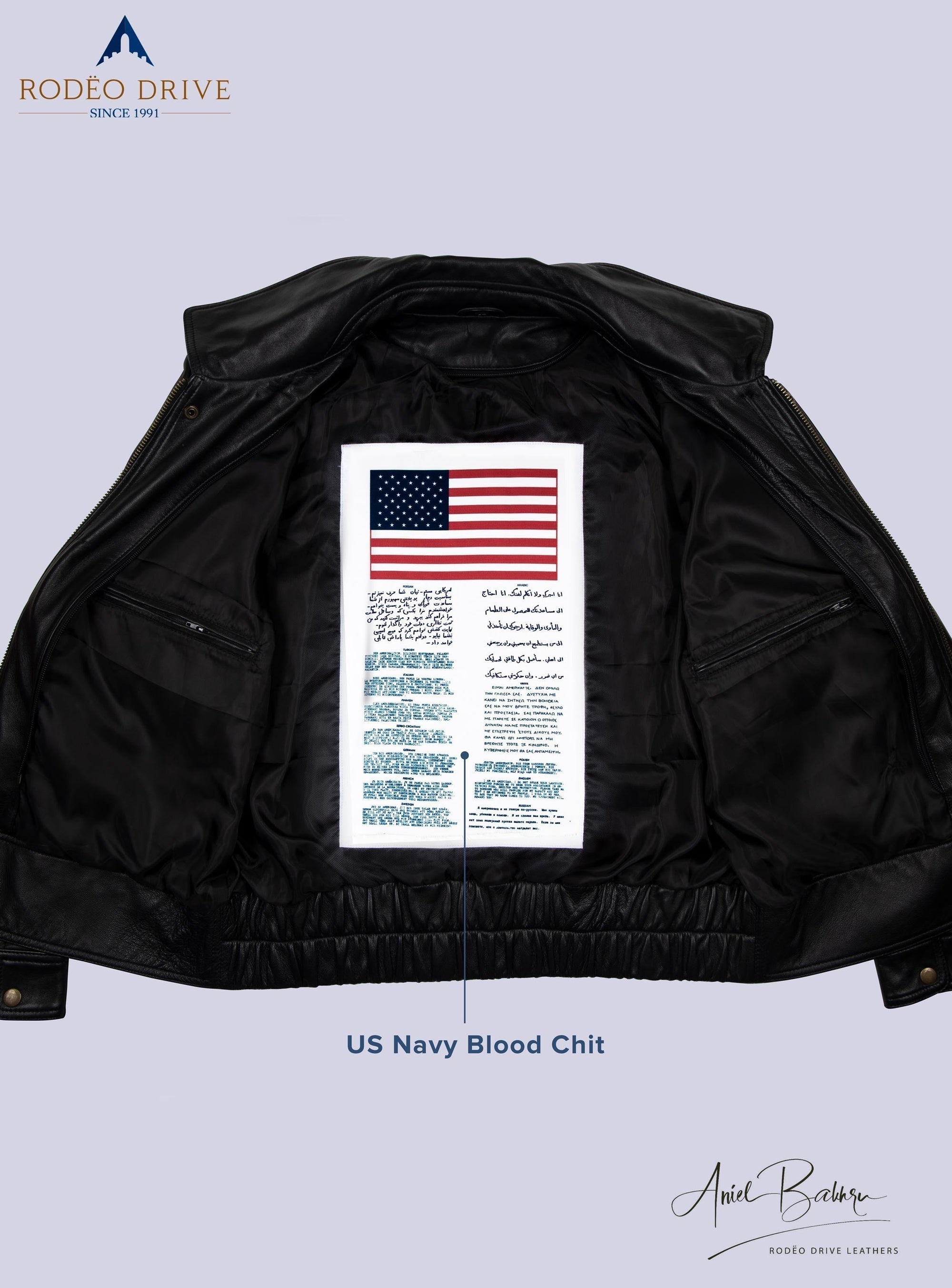 Inside image of united UNIFORM LEATHER JACKETS women with US Navy blood chit sewed inside