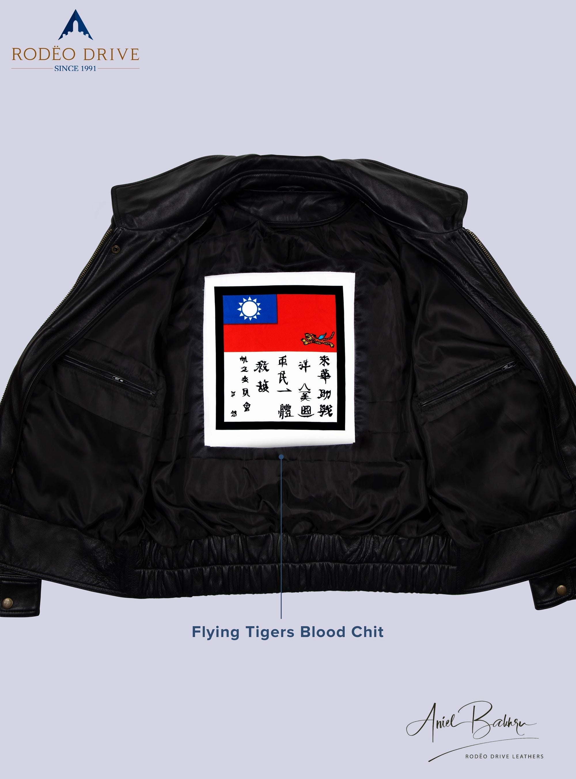 Flying tigers blood chit at the inside back of Alaska leather Jacket for men