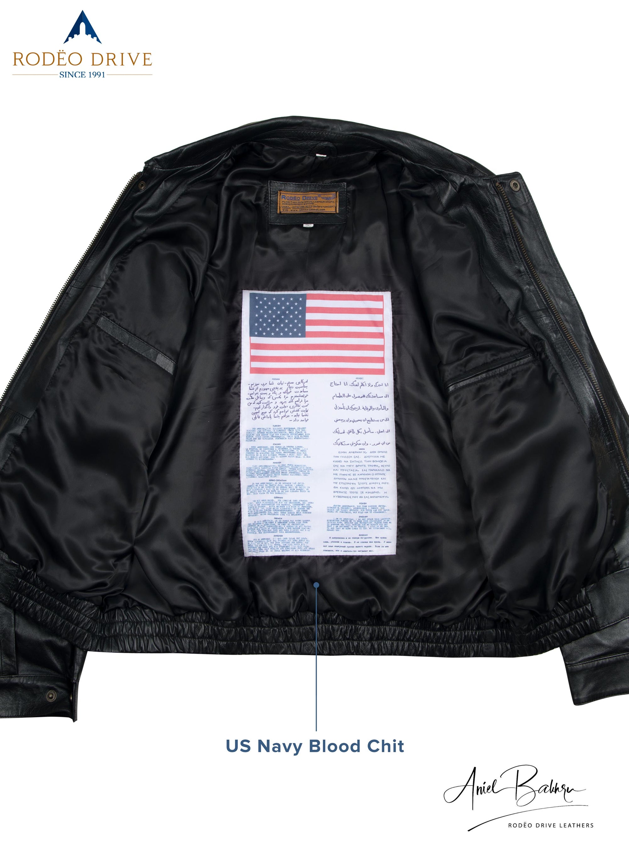 Inside image of ARMY HELICOPTER BOMBER JACKET.  a USA flag is sewed inside with a message.