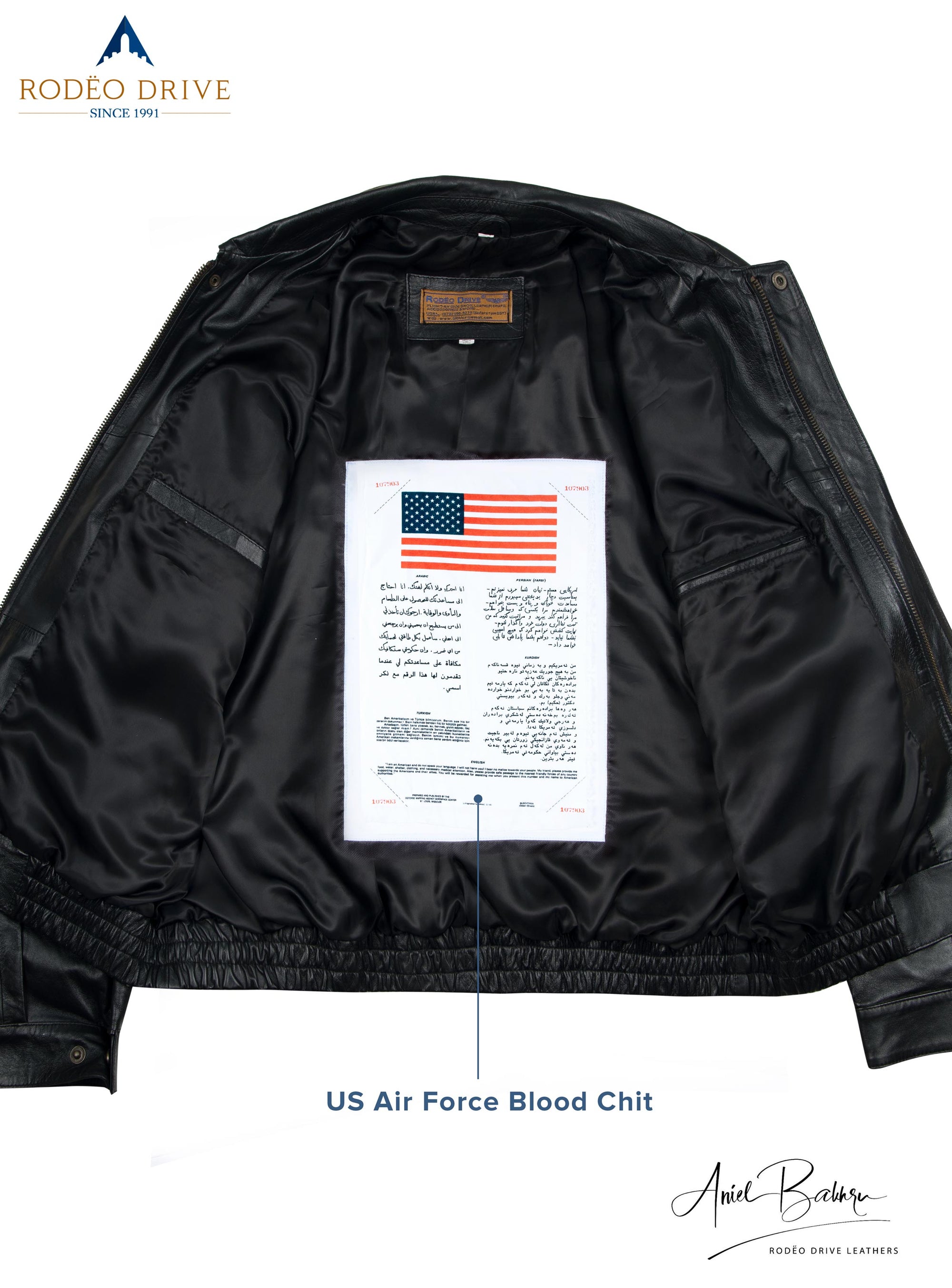 Inside image of ARMY HELICOPTER BOMBER JACKET. A USA flag with message sewed inside.