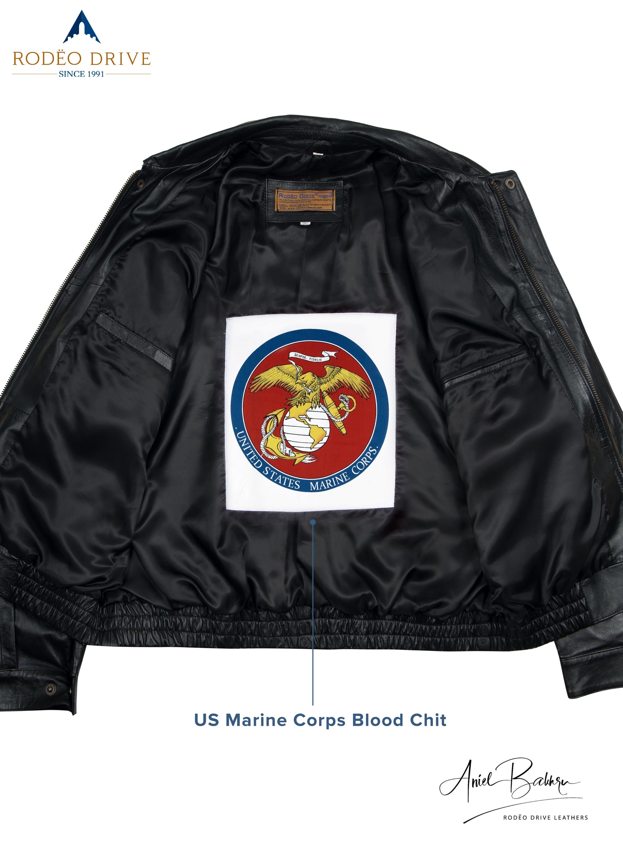 Inside image of ARMY HELICOPTER BOMBER JACKET. A US Marine Corps blood chit is sewed inside.