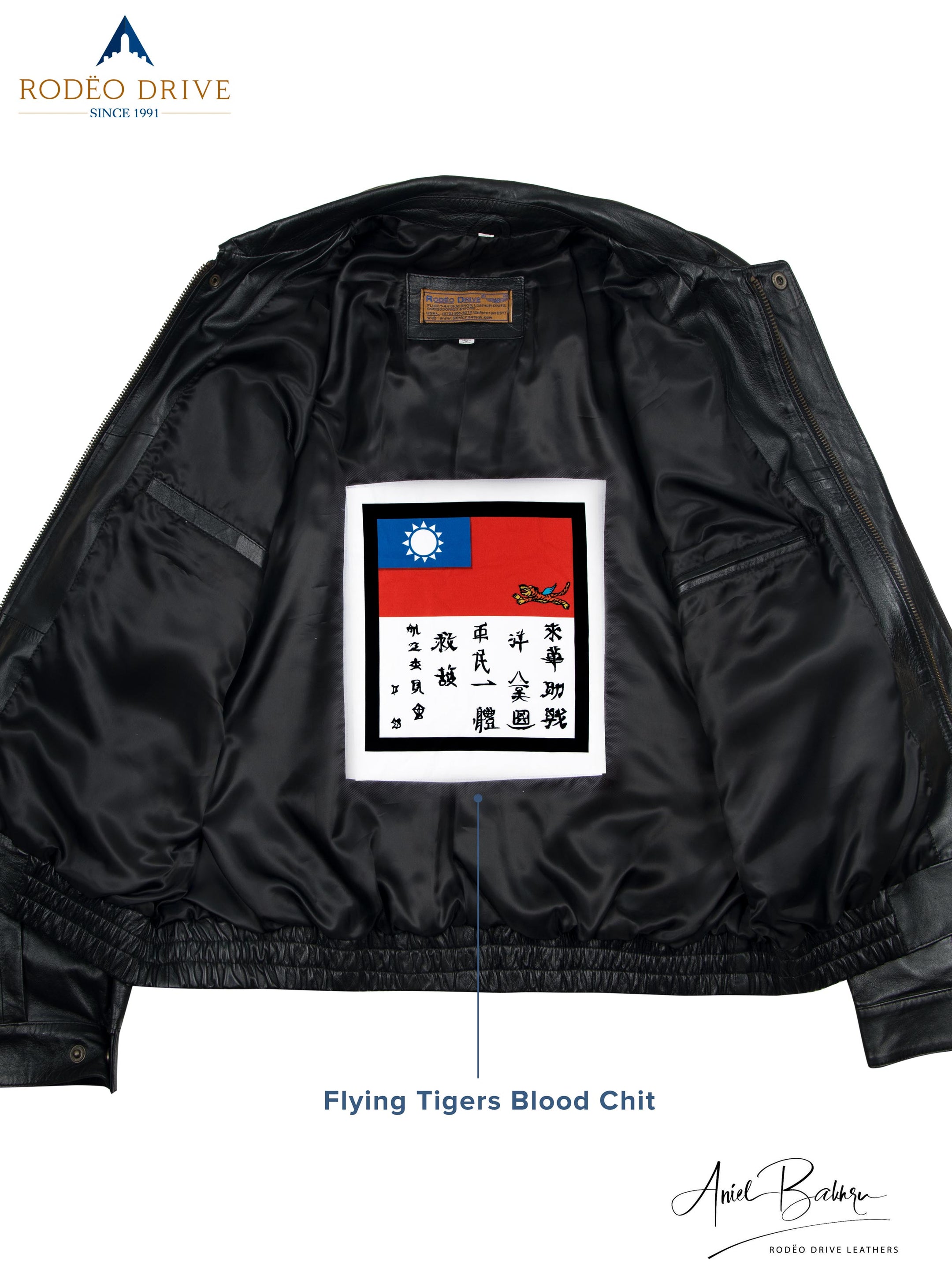 Inside image of ARMY HELICOPTER BOMBER JACKET. A flying tigers Blood chit is sewed inside it.