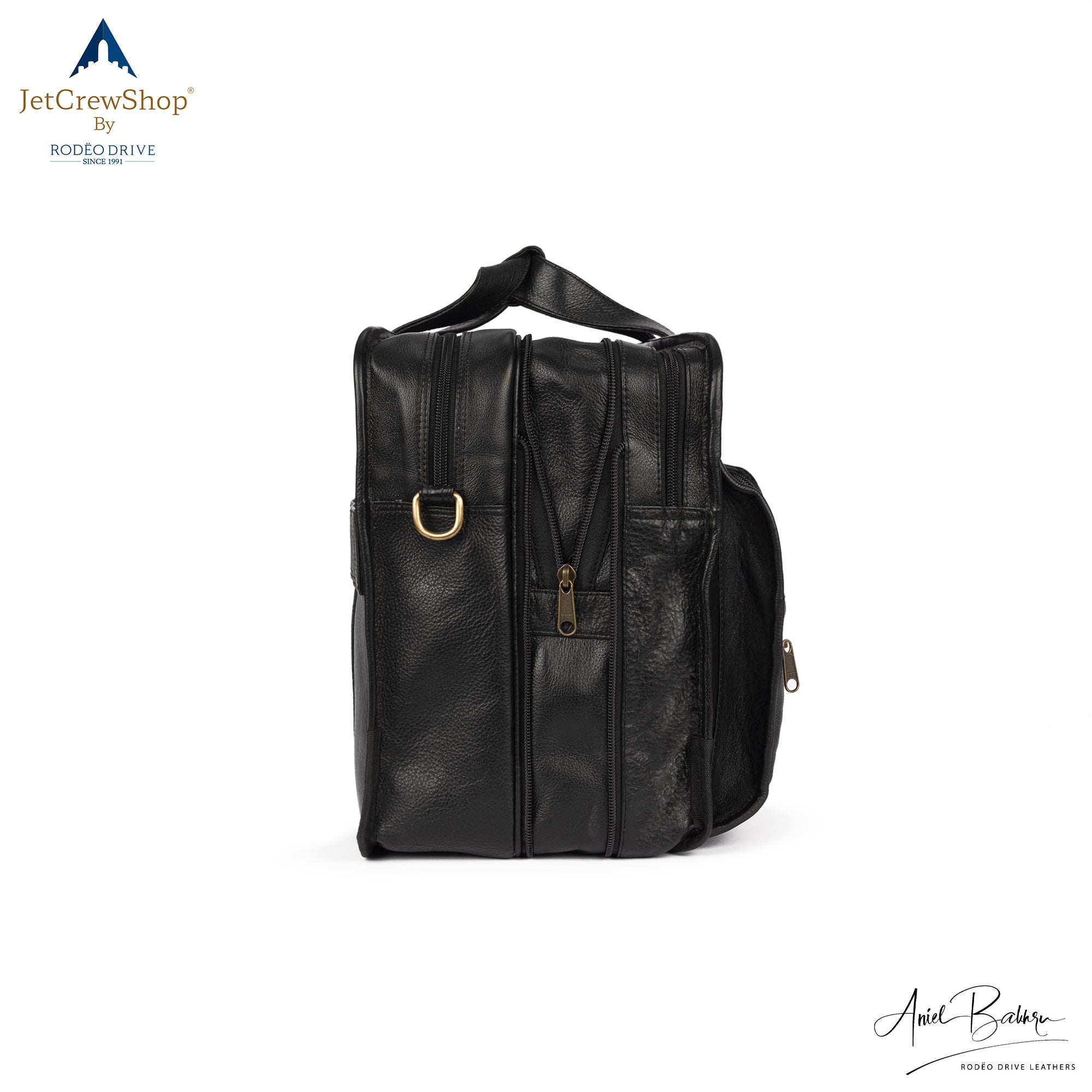 Side view of PILOT BAG. Three large zipped compartments visible.