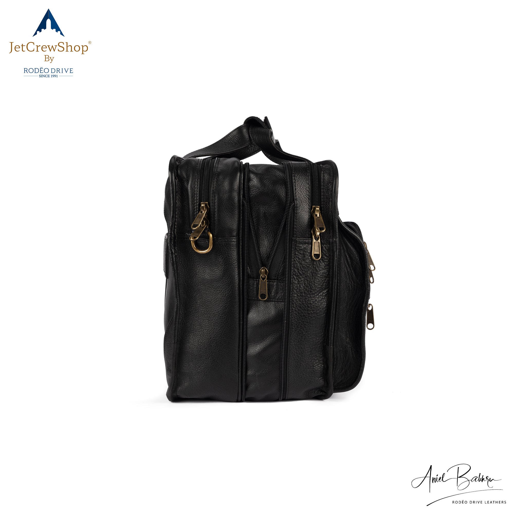 Side view of PILOT BAG. Three large zipped compartments visible.