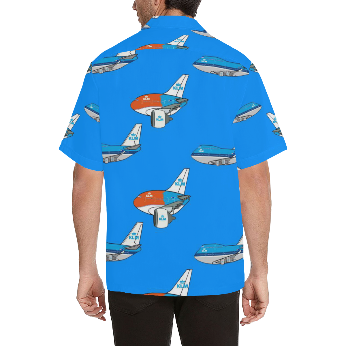 Back image of 747 light blue Hawaiian shirt. Short Sleeves and notch lapel collar is visible. Boxy fitting is showcased.