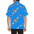 Back image of 747 light blue Hawaiian shirt. Short Sleeves and notch lapel collar is visible. Boxy fitting is showcased.