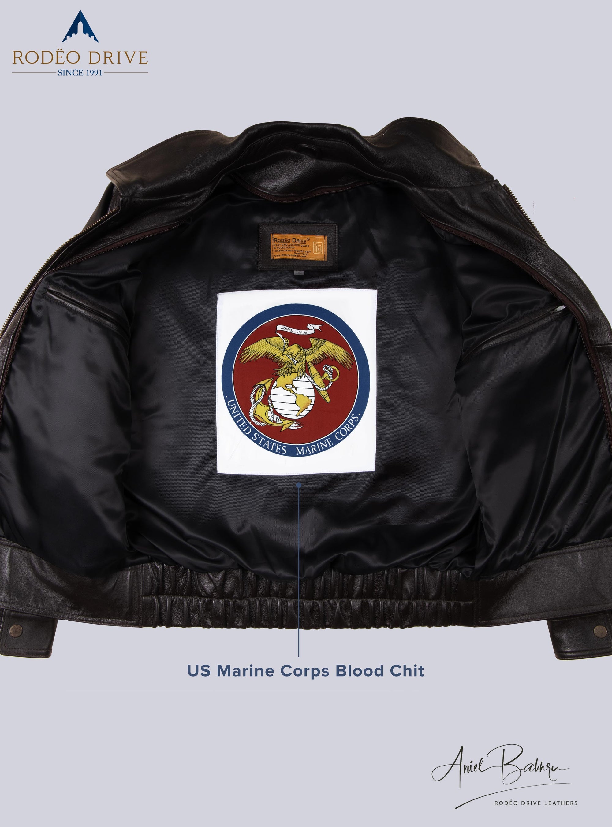 Inside image of  BROWN UNIFORM LEATHER JACKETS for WOMEN. A US Marine corps blood Chit is sewed inside it.