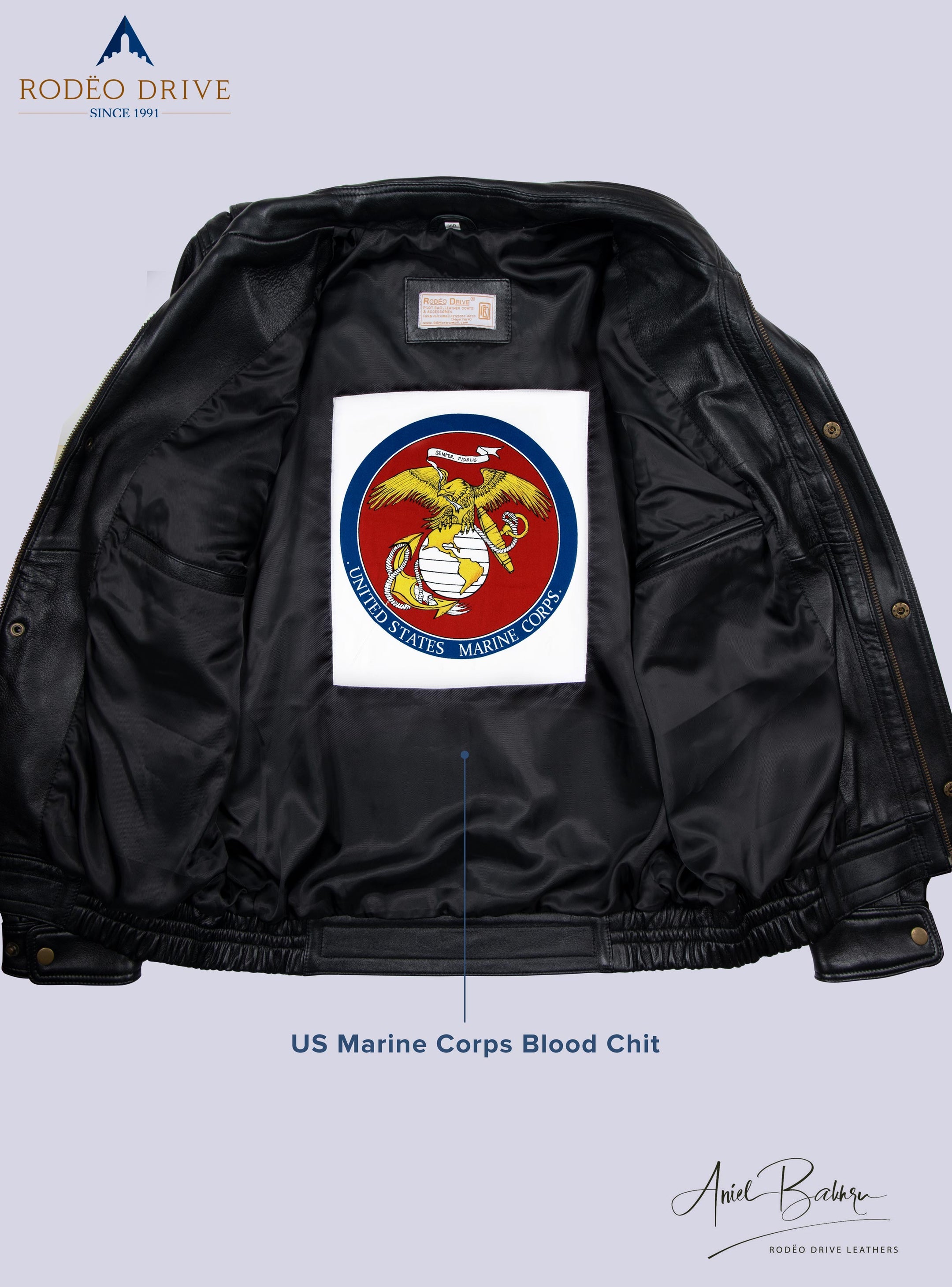 Inside image of BOMBER JACKET . Inside it USA marine corps blood chit is sewed