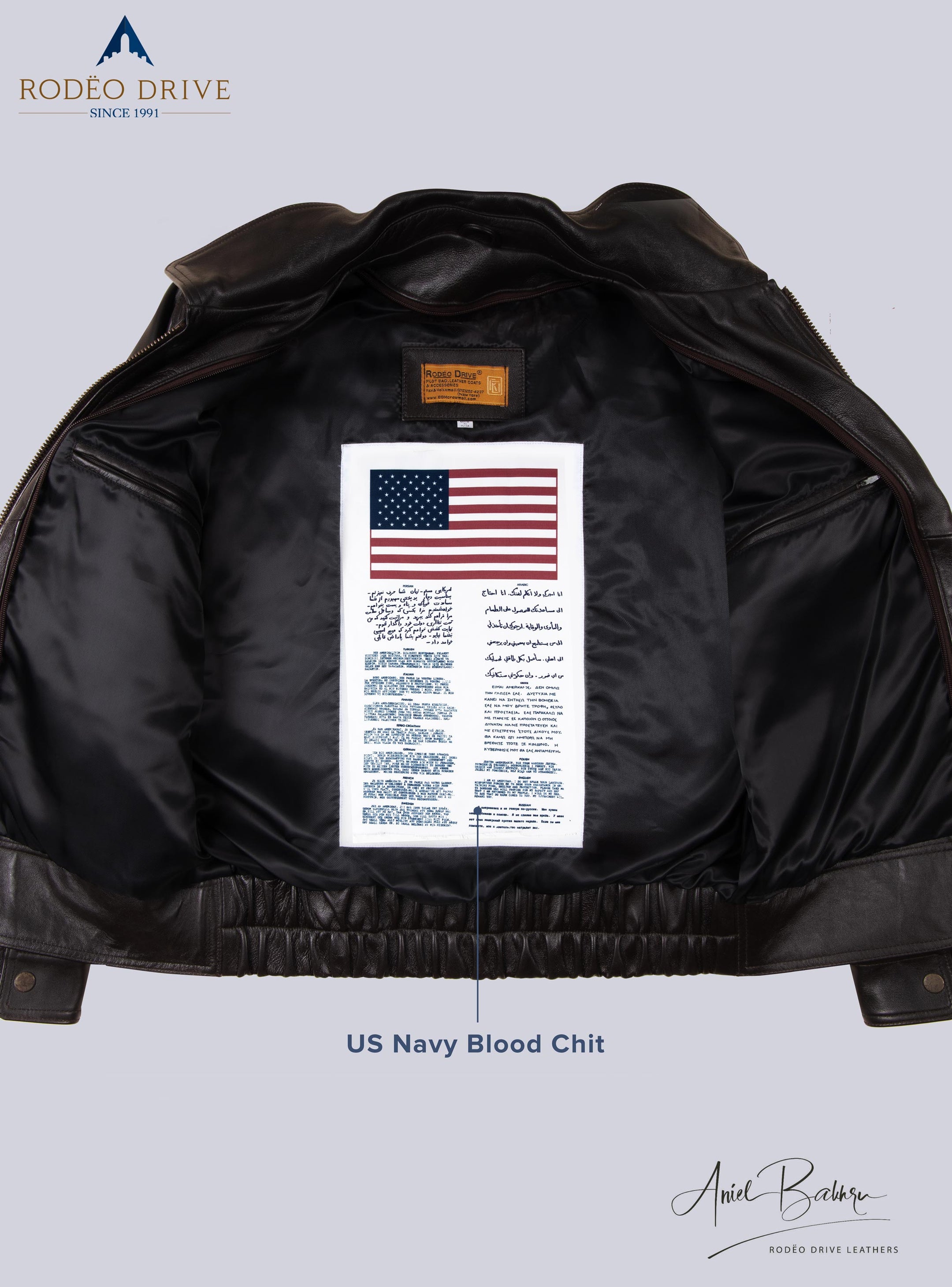 Inside image of BROWN UNIFORM LEATHER JACKET for MEN. US Navy Blood chit is sewed inside it.