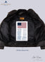 Inside image of BROWN UNIFORM LEATHER JACKET for MEN. US Navy Blood chit is sewed inside it.