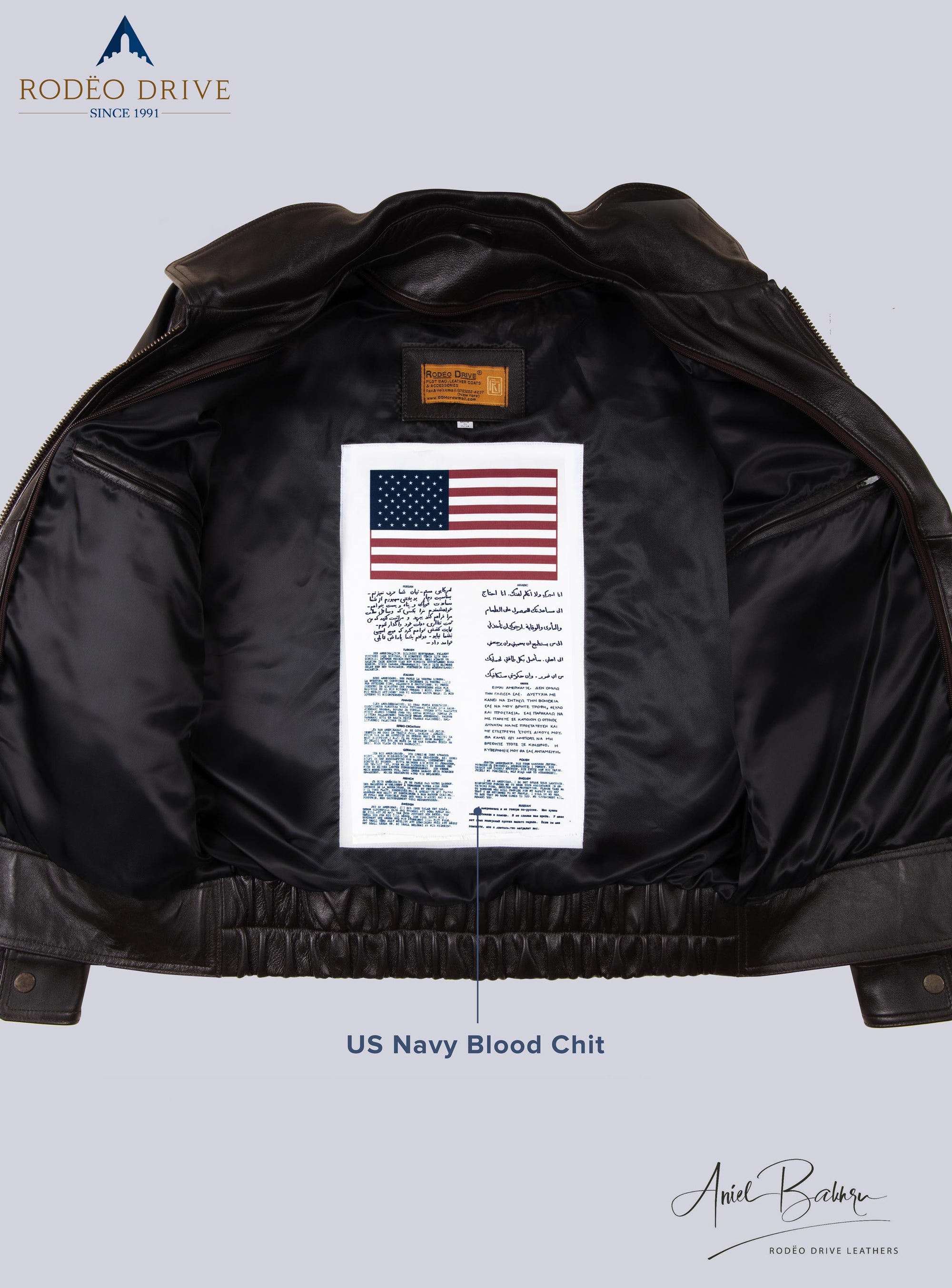 Inside image of  BROWN UNIFORM LEATHER JACKET for WOMEN. A US navy blood Chit is sewed inside it.