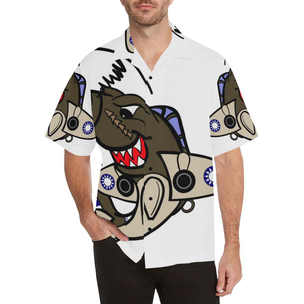   A model posing with white SHARK ATTACK HAWAIIAN SHIRT. Shirt is stylish and cosy.