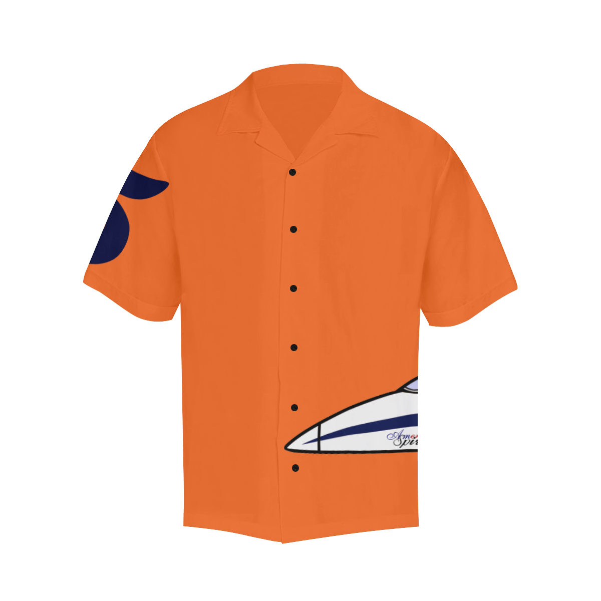 Front image of Orange HAWAIIAN SHIRT. Short sleeved. notch lapel collar and light weight.