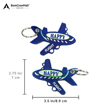 dark blue colour HAPPY FLIGHT EMBROIDERY BAG TAG with dimensions