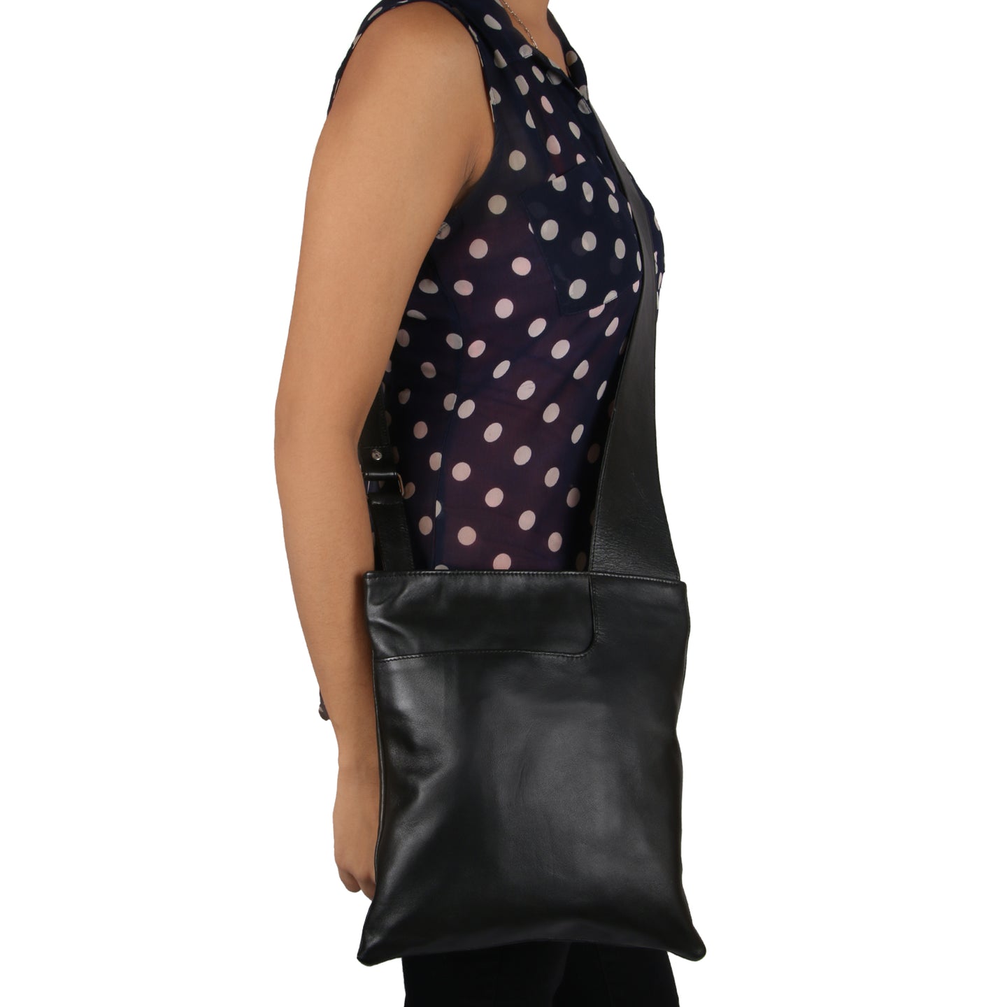image of model posing with FLAT CROSS BODY HAND BAG