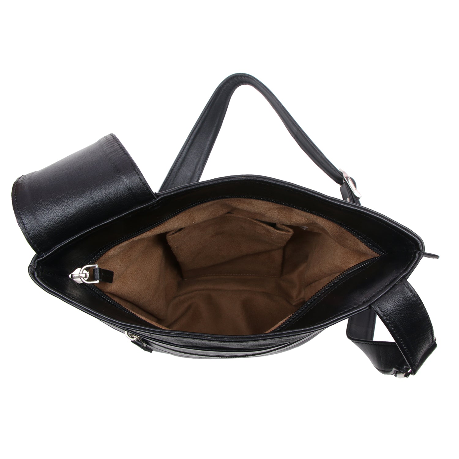 Open inside image of FLAT CROSS BODY HAND BAG. One big compartment and one small  compartment visible.