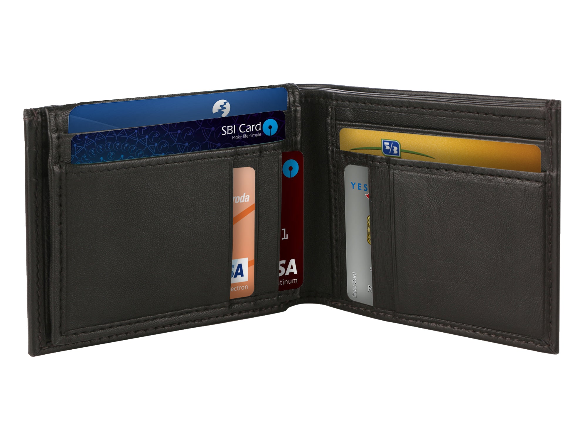 Image of opened FRED HESS MENS WALLET. various card are place in wallet.