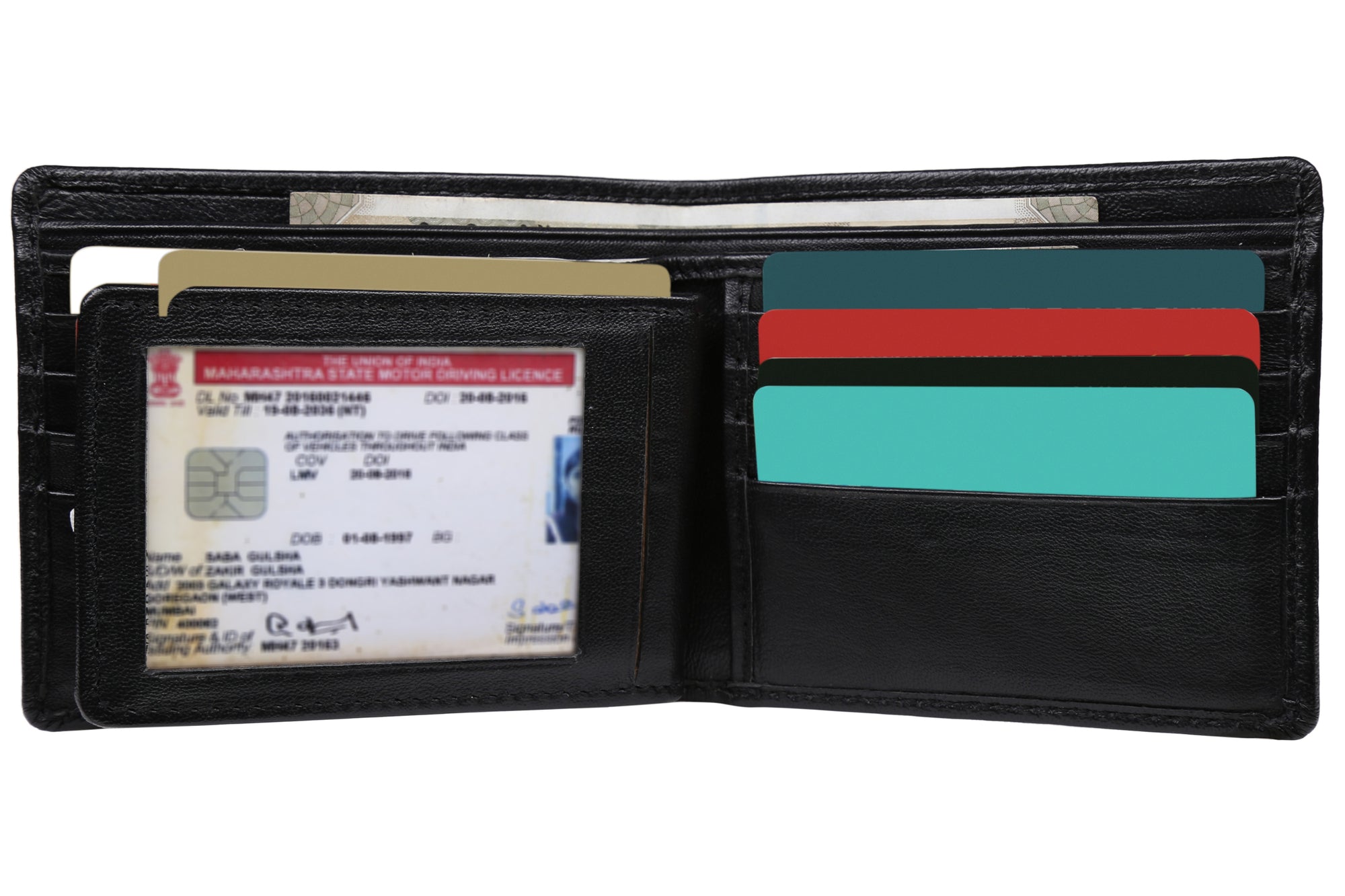Image of a Open Cardrem mens wallet. Many cards namely debit, credit , driving license are tucked in small pockets of wallet.