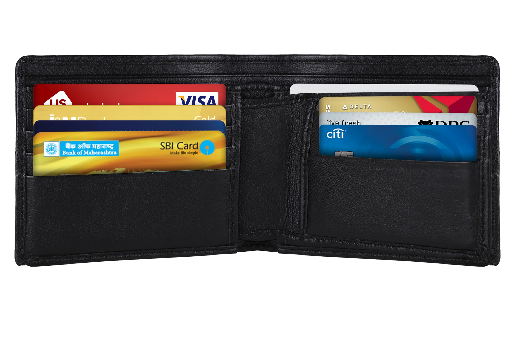 Image of a Open Cardrem men wallet. Many cards namely debit, credit , licenses are tucked in small pockets of wallet.