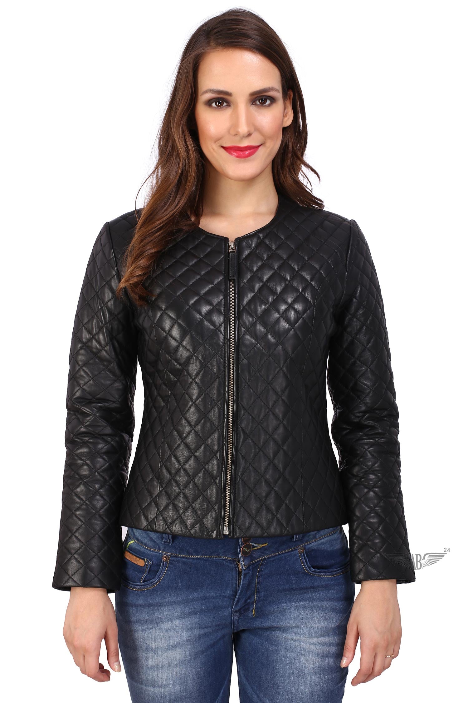 Model posing with zipped up CHANNEL DIAMOND STITCH JACKET