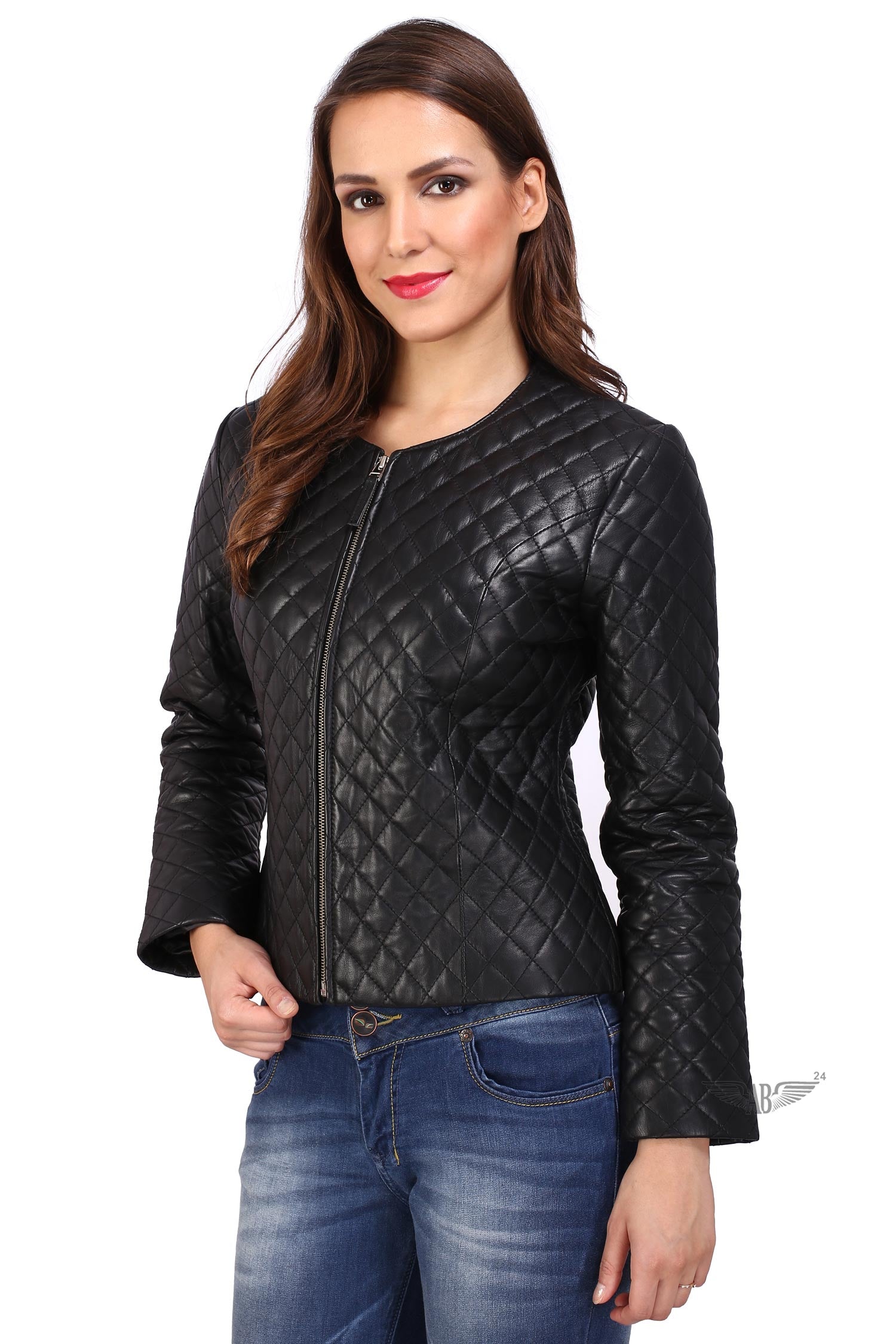 Side pose of model with black CHANNEL DIAMOND STITCH JACKET