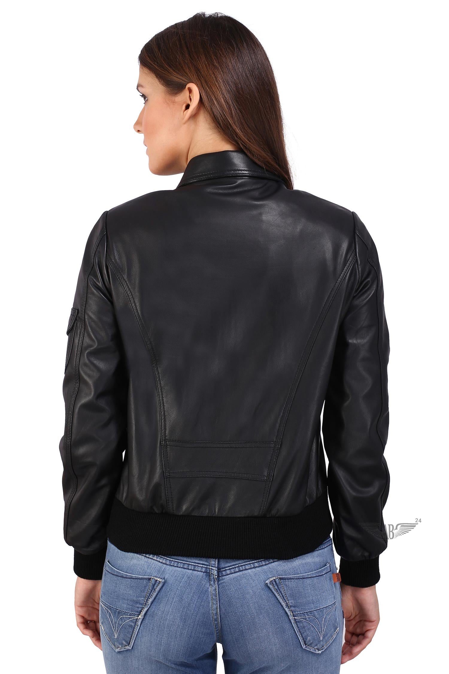 back view of Womens bomber jacket (black leather jacket)