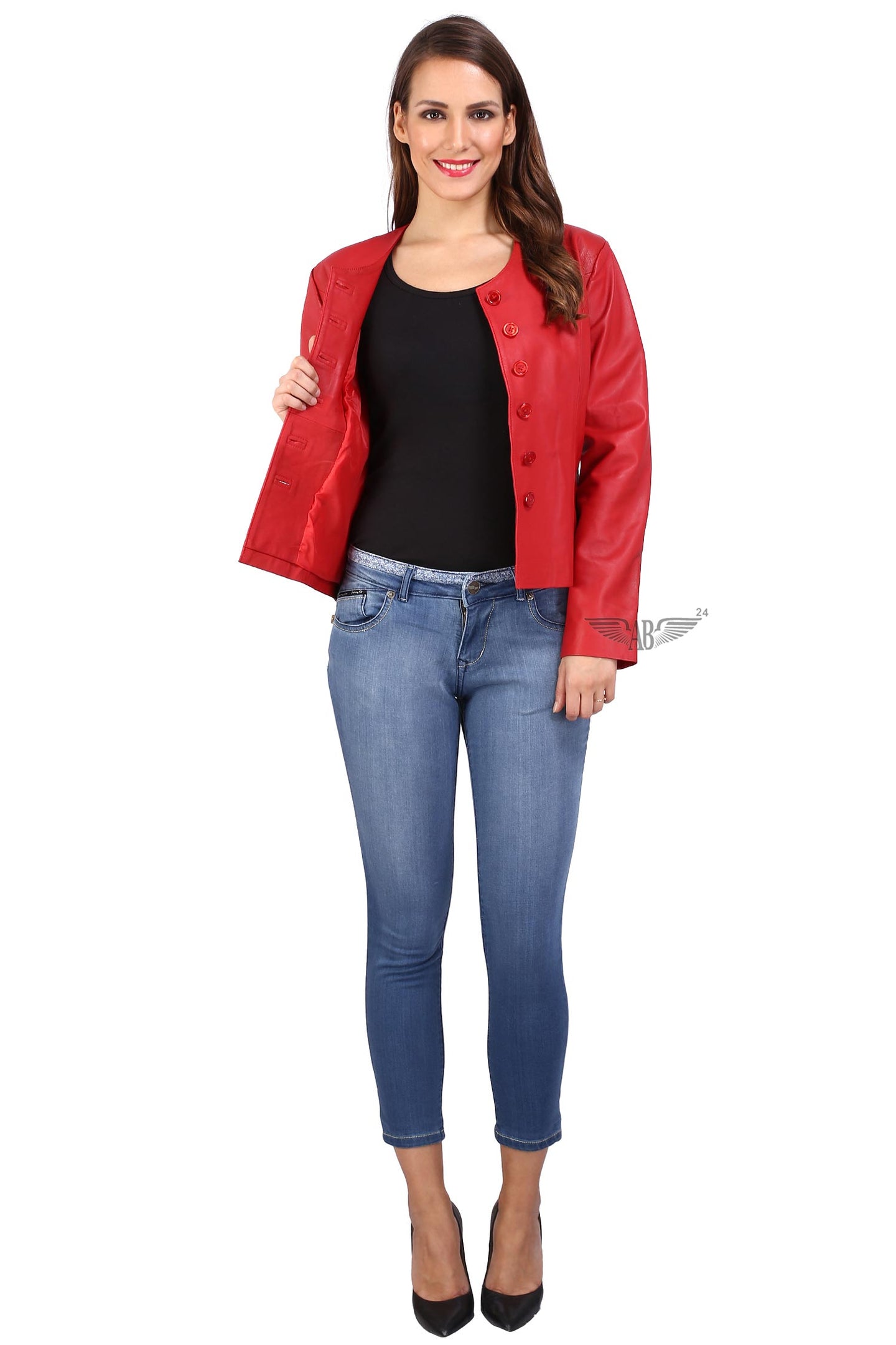 Model posing inside side of red CLASSIC CHANNEL JACKET