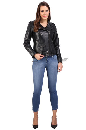 Model posing with stylish GREASE PERFECTO BIKER JACKET WOMENS