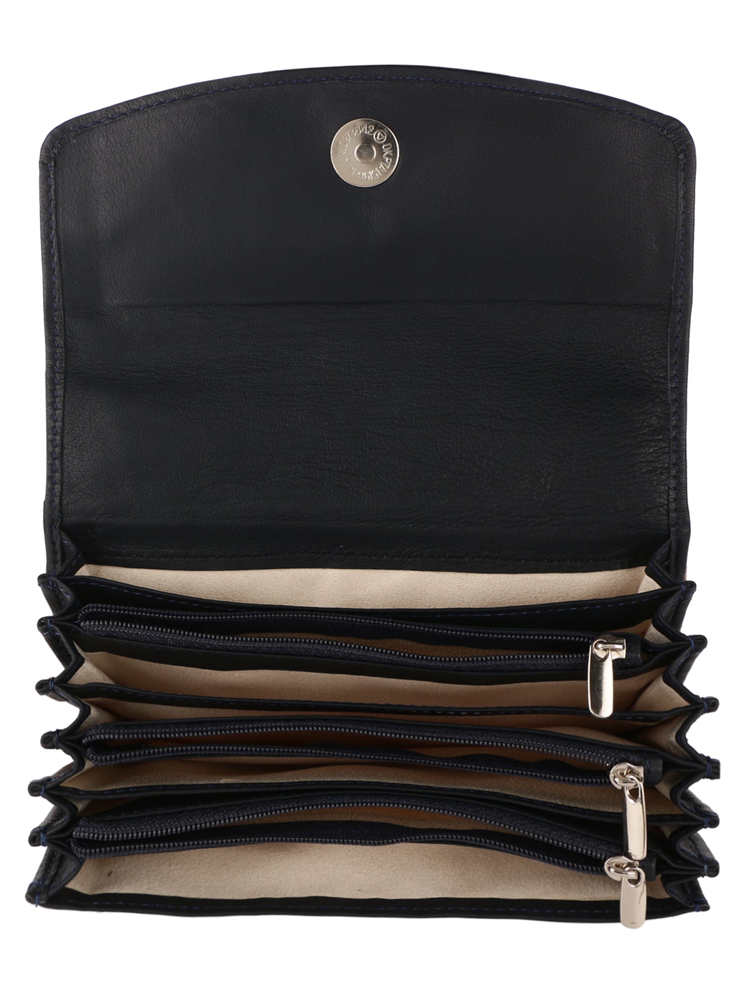 Open inside image of MULTI CURRENCY WALLET. it is showcasing cardion type slots to hold multiple currencies. ample space is available. Idle for travelling