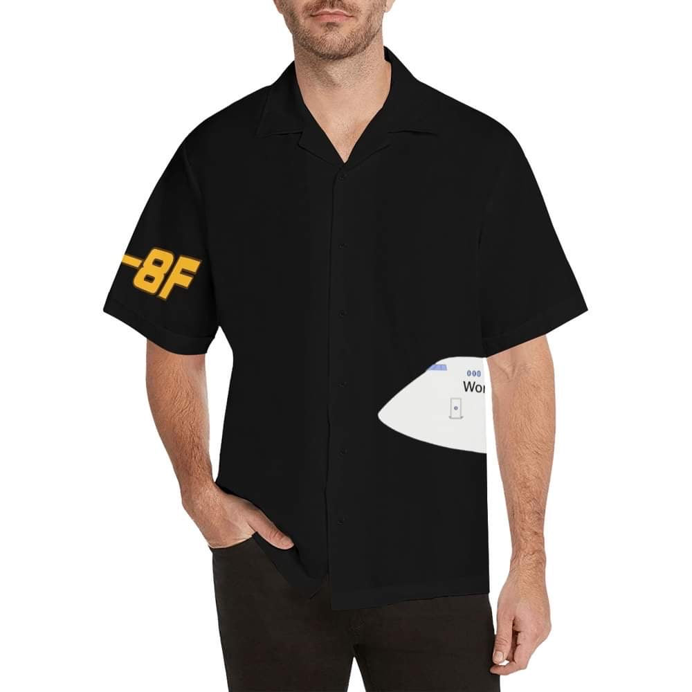 Male model posing with 747-8 UPS BLACK HAWAIIAN SHIRT