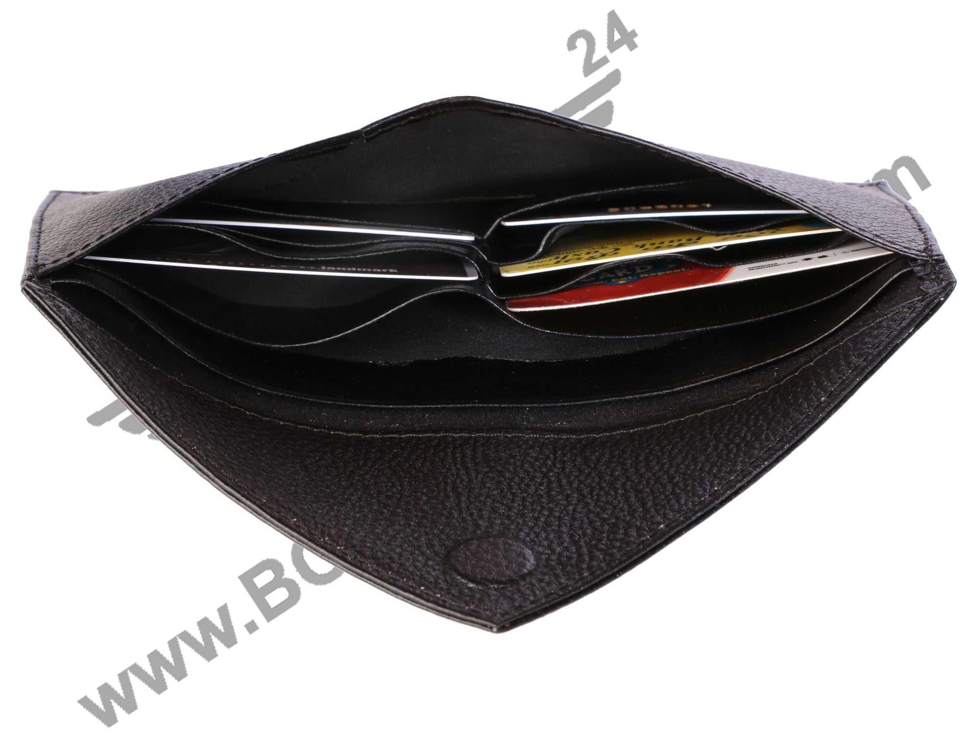 Inside view of a women's envelope wallet. It can easily accomodate credit cards, currency notes, coins and mobile phones