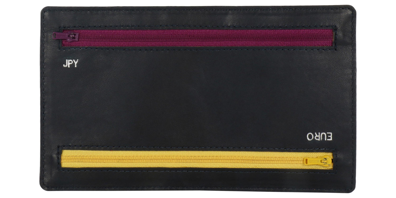 Front view of  4  Zip Multi currency wallet. Two  Zip Red and Yellow in color visible. Red Zip is meant for JPY currency It  is positioned on top of wallet. Yellow zip is meant for Euro currency and positioned at bottom.