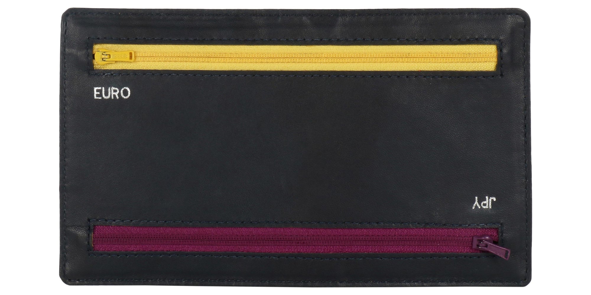Up side down view of  4  Zip Multi currency wallet. Two  Zip Yellow and Red in color visible. Yellow Zip is meant for Euro currency It  is positioned on top of wallet. Red zip is meant for JPY currency and positioned at bottom.