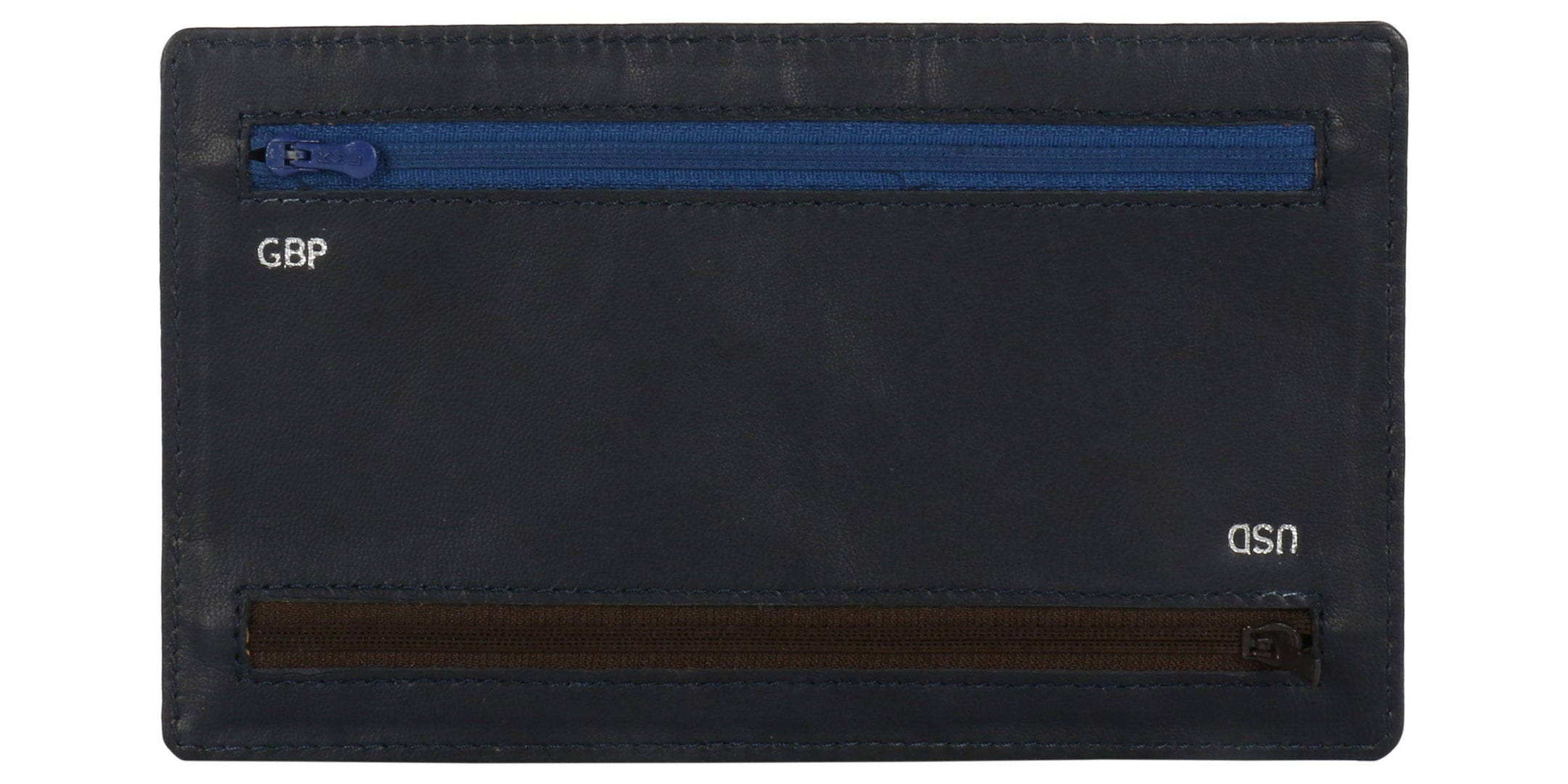 Back side view of  4  Zip Multi currency wallet. Two  Zip Blue and Brown in color visible. Blue Zip is meant for GBP currency It  is positioned on top of wallet. Brown zip is meant for USD currency and positioned at bottom.