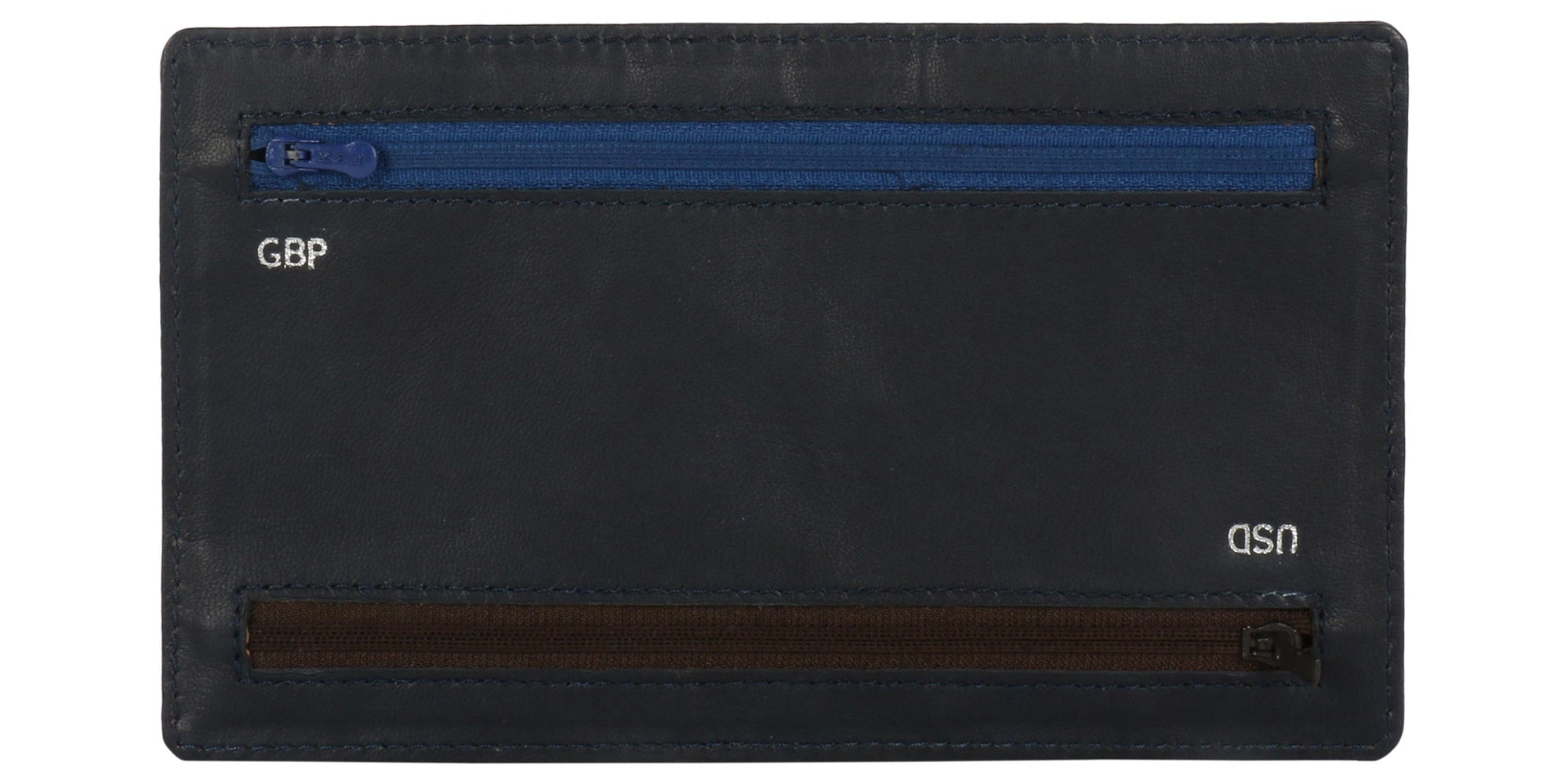 Back side view of  4  Zip Multi currency wallet. Two  Zip Blue and Brown in color visible. Blue Zip is meant for GBP currency It  is positioned on top of wallet. Brown zip is meant for USD currency and positioned at bottom.