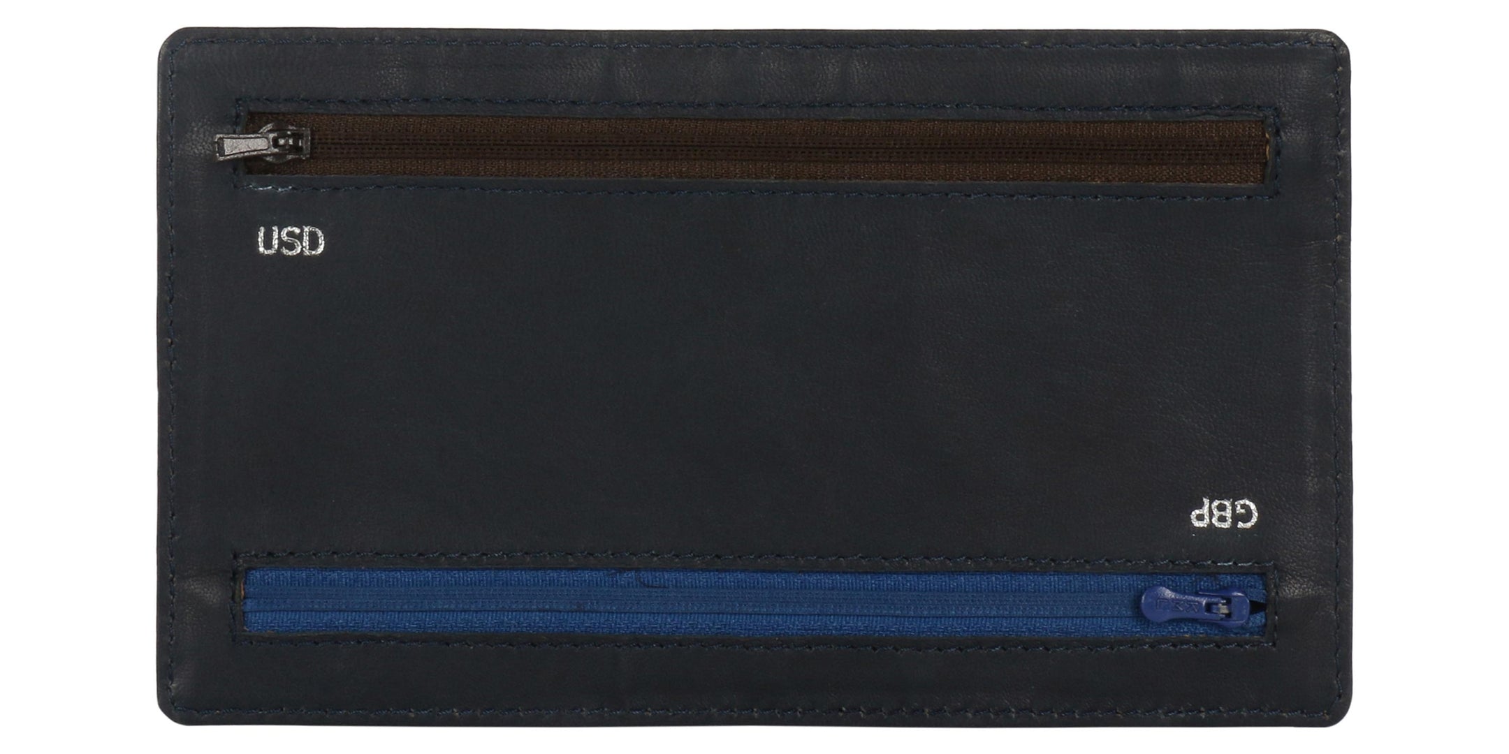 Up side down position Back side view of  4  Zip Multi currency wallet. Two  Zip Brown and Blue in color visible. Brown Zip is meant for USD currency It  is positioned on top of wallet. Blue zip is meant for GPB currency and positioned at bottom.