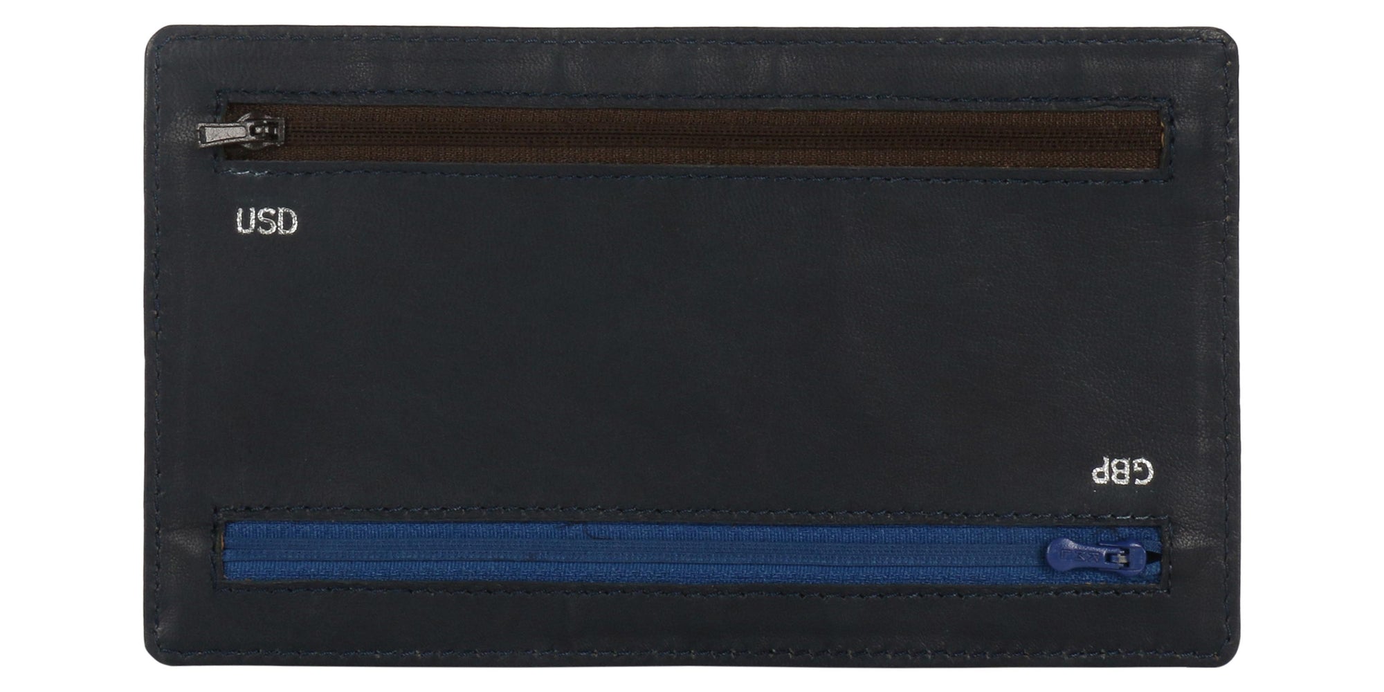 Up side down position Back side view of  4  Zip Multi currency wallet. Two  Zip Brown and Blue in color visible. Brown Zip is meant for USD currency It  is positioned on top of wallet. Blue zip is meant for GPB currency and positioned at bottom.